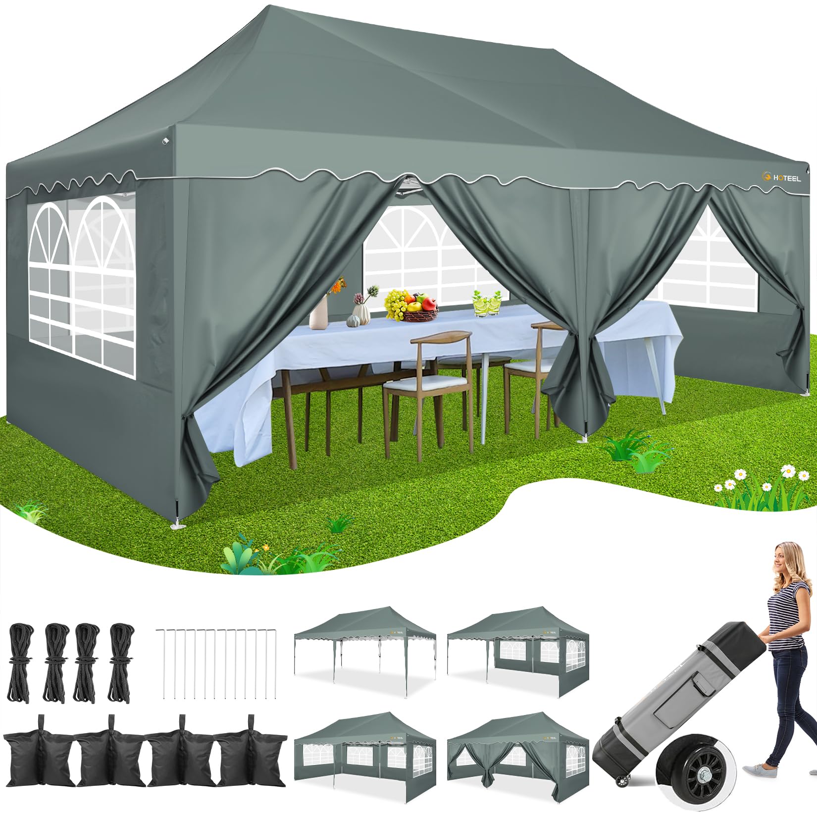 HOTEEL Faltpavillon 3x6 Pavillon Wasserdicht Stabil Partyzelt Faltbar, Faltzelt Mit 6 Seitenwänden & Rolltasche & 4 Sandsäcken, Einfacher Aufbau für Hochzeiten, Gewerbe, Partys, UV50+ Schutz, Grau Sport & Freizeit