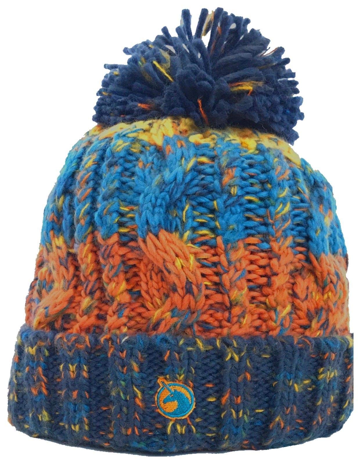 Ukprintwear Women's Orage And Blue Unicorn Headwear Corkscrew Acrylic Knitted Fleece Lined Pom Pom Beanie Hat (Retro Orange/Blue)