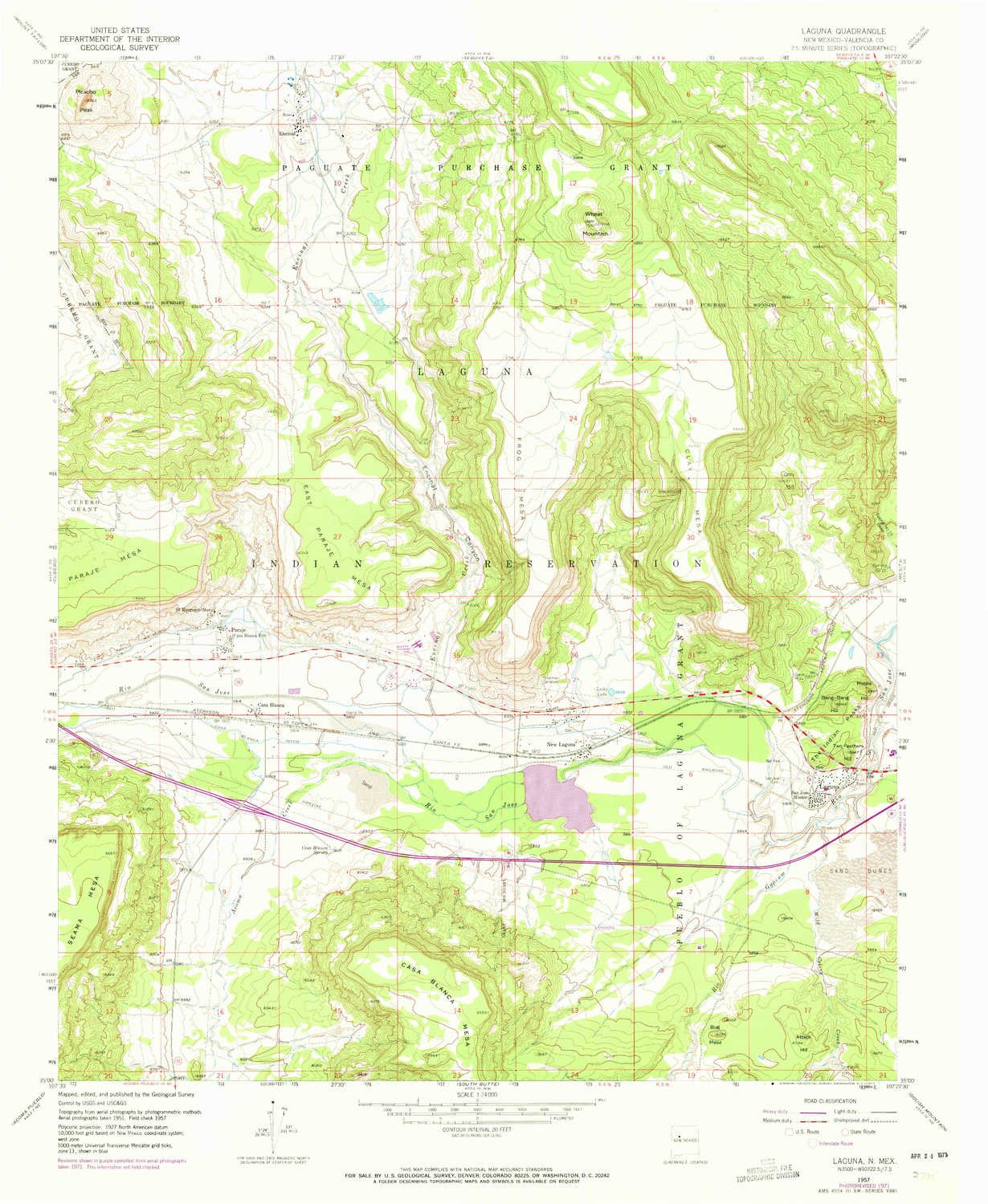 YellowMaps Laguna NM topo map, 1:24000 Scale, 7.5 X 7.5 Minute, Historical, 1957, Updated 1973, 26.9 x 22 in - Polypropylene