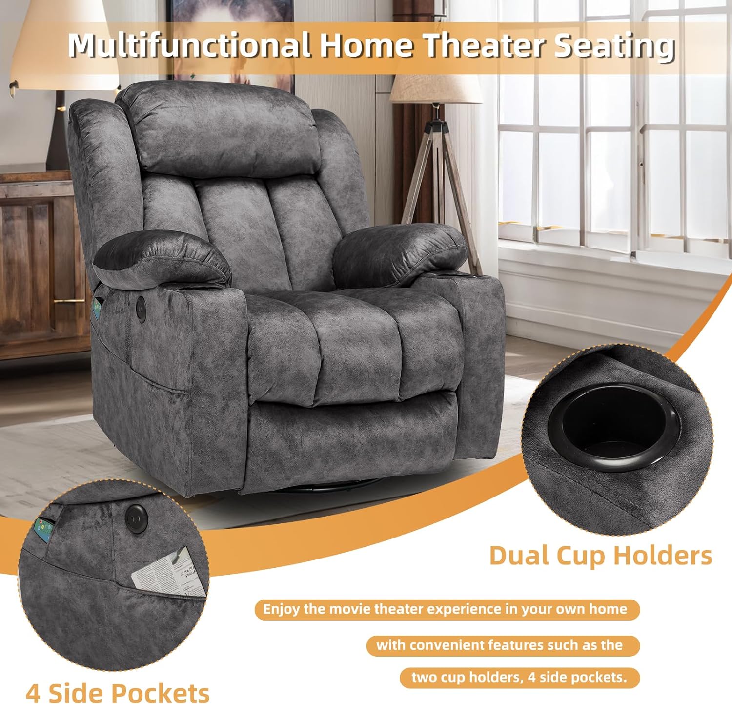 360° Swivel Glider Rocking Recliner Chair, Overstuffed Manual Massage Recliner with Heat and Vibration, Single Modern Sofa Home Seating for Living Room, USB Ports/Cup Holders (Plush-Grey)