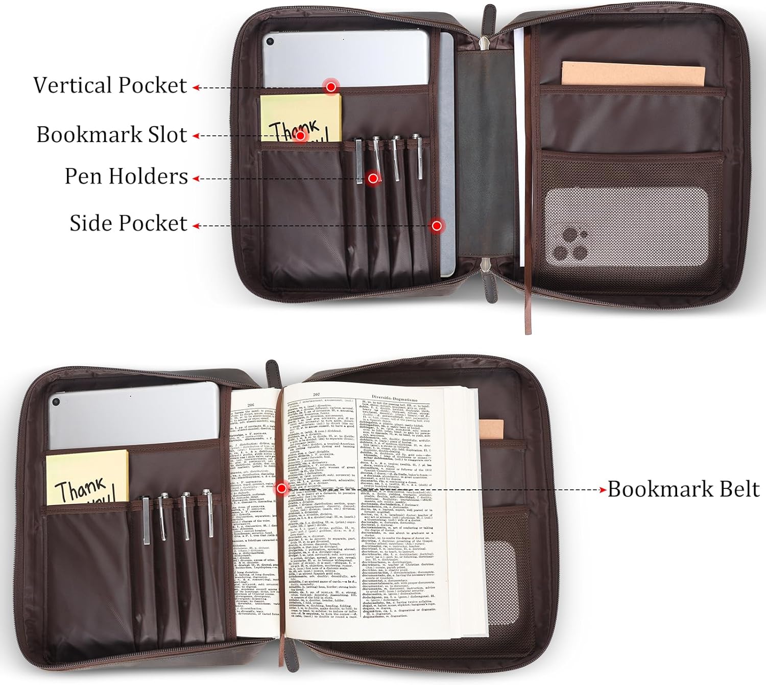 Polare Full Grain Leather Bible Cover Church Bag Bible Protective Book Holder Carrying Case Folder Organizer Portfolio, Dark Brown