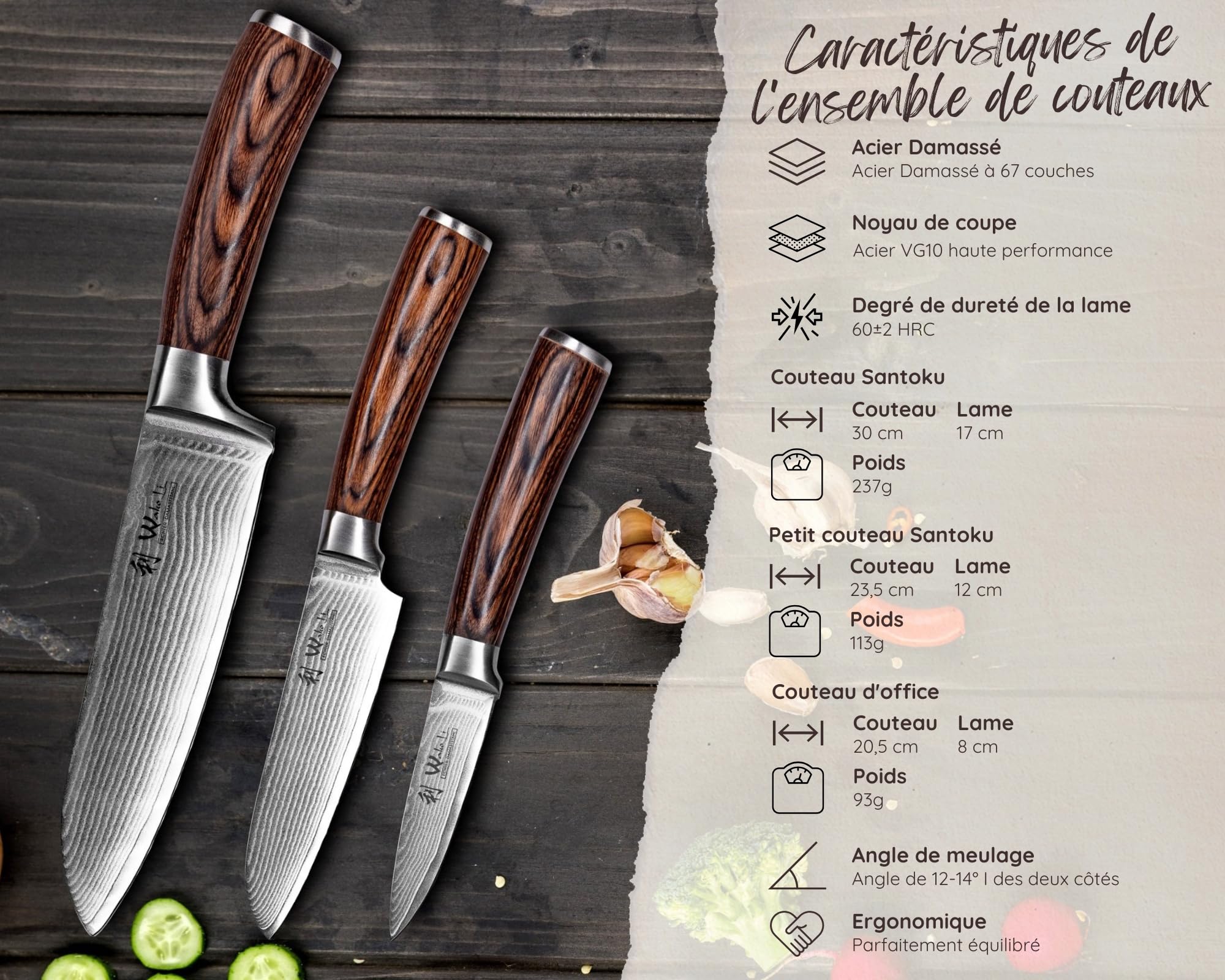 Wakoli Edib Set de 3 couteaux en Damas I Lames en acier damassé à 67 couches avec noyau VG10 et manches en bois de pakka I Couteaux de cuisine professionnels & couteaux damassés dans une boîte en bois