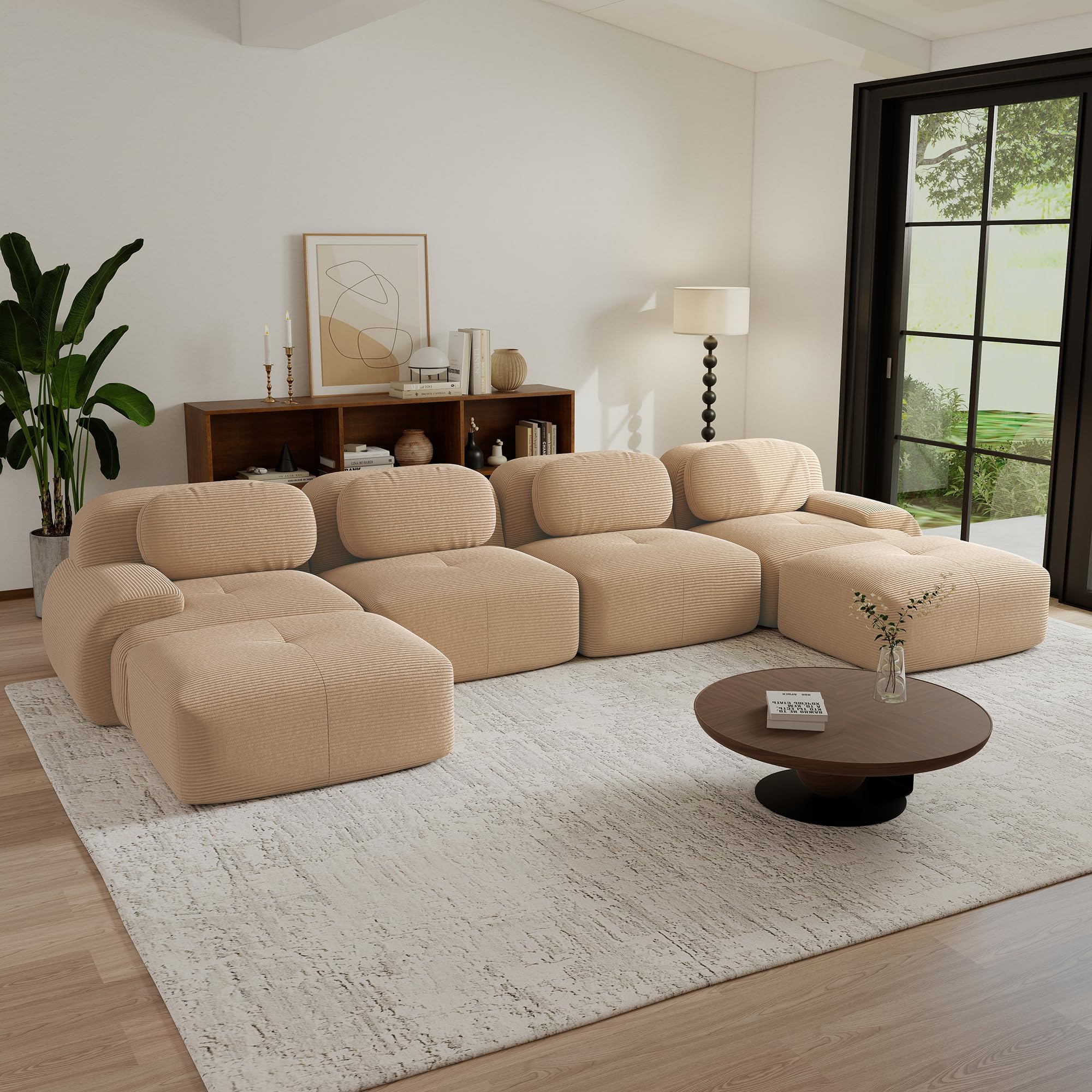 SoarTalent 152" Oversized Deep Seat Floor Sectional Sofa, 4-Seater with 2 Ottomans & Lumbar Support - No Assembly, Corduroy Fabric, Camel for Living