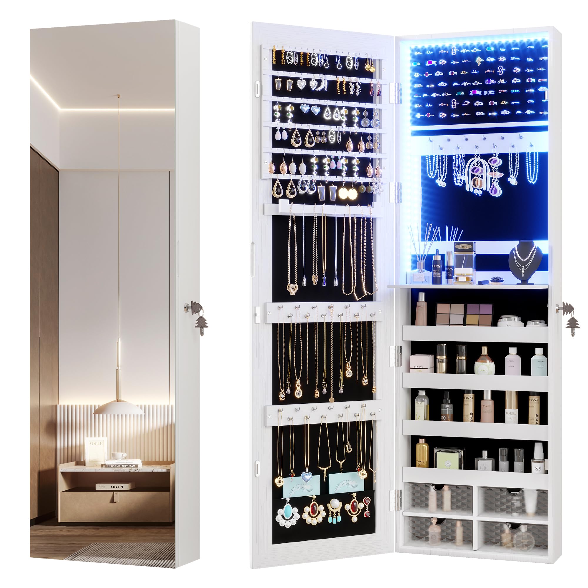 Vlsrka 47.2" LED Jewelry Mirror Cabinet, Wall/Door Mounted Jewelry Armoire Organizer with Full Length Mirror, Large Storage Hanging Cabinet, 4 Drawers, 5 Shelves, Built-in Lighted Mirror (White)
