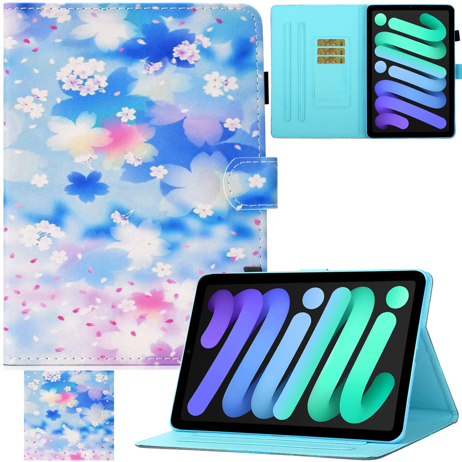 REASUNSchutzhülle für iPad Mini 6 2021, PU-Leder, Kartenfächer, mehrere Betrachtungswinkel, Standfunktion, mit automatischer Schlaf-/Wachfunktion, Modell 2021, 6. Generation) (Blüte)