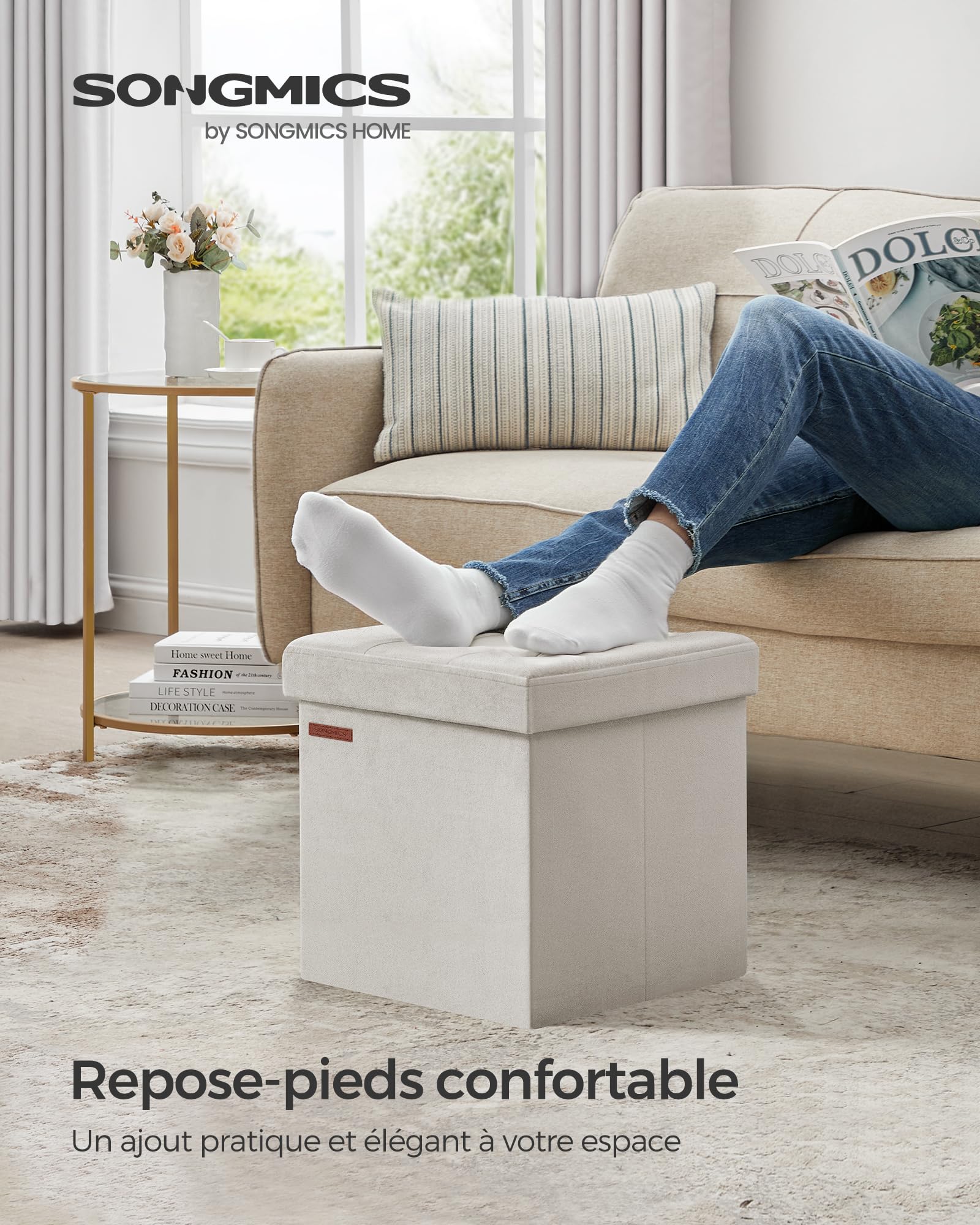 SONGMICS Tabouret de Rangement, Petit Pouf Pliable, 38 x 38 cm, Repose-Pieds Cubique avec Rangement, Charge jusqu'à 300 kg, pour Salon, Chambre, Dortoir, Blanc Crème LSF227W01