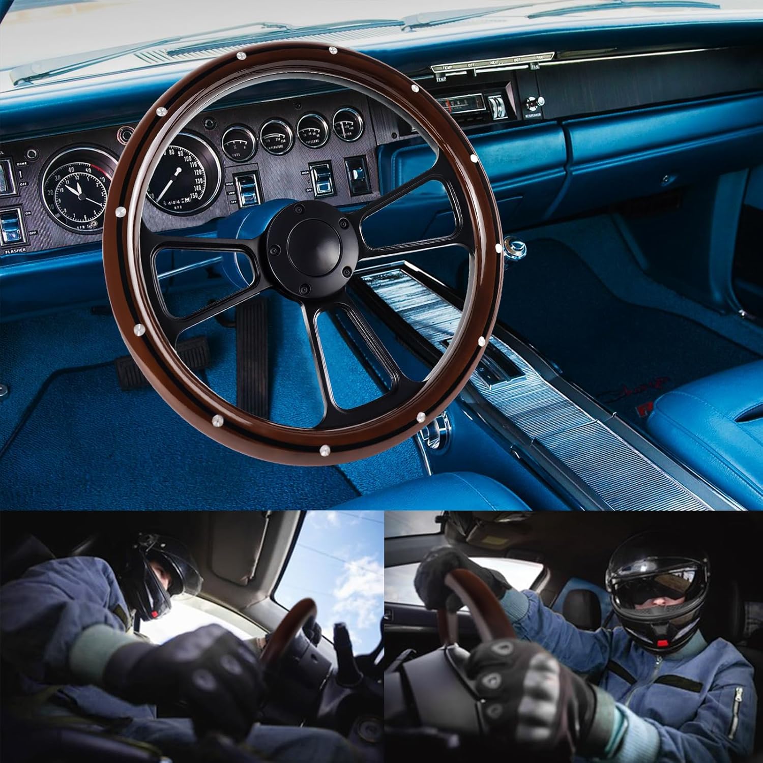 5 Hole 3 Spoke Vintage Steering Wheel, 14 inch Universal 5 Hole Racing Steering Wheel, Fits most 5-hole steering wheel hub adapters