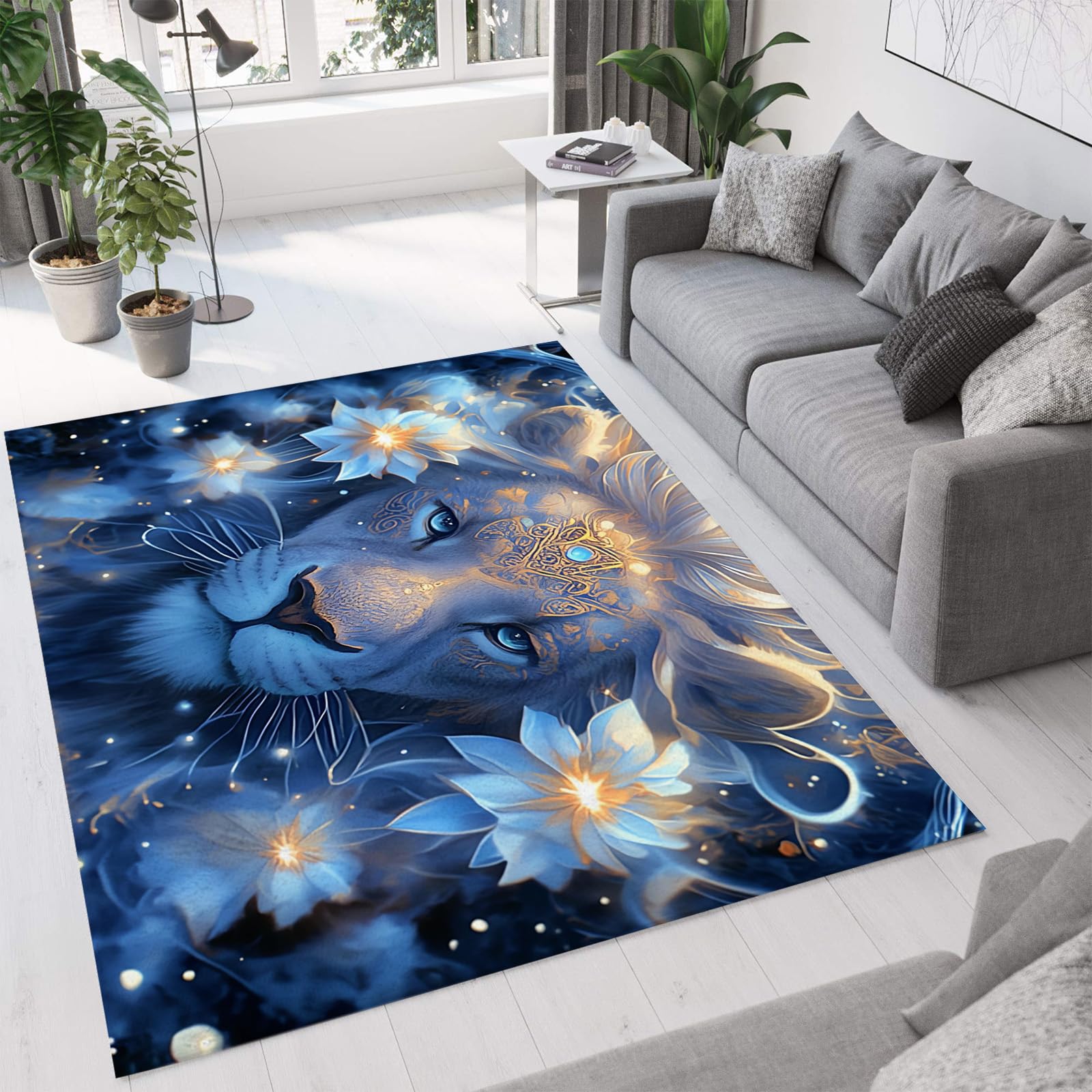 Tapis extérieur lion et fleurs 200x300cm bleu clair pour terrasse