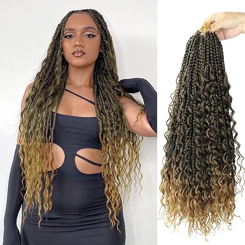 Vista 486 de Goddess Box Braids Crochet Hair With Curly Ends 18 Inch Bohomian Box Braids Crochet Braids 8 Packs 3X Crochet Braids Synthetic Braiding Hair 1B-4-30
