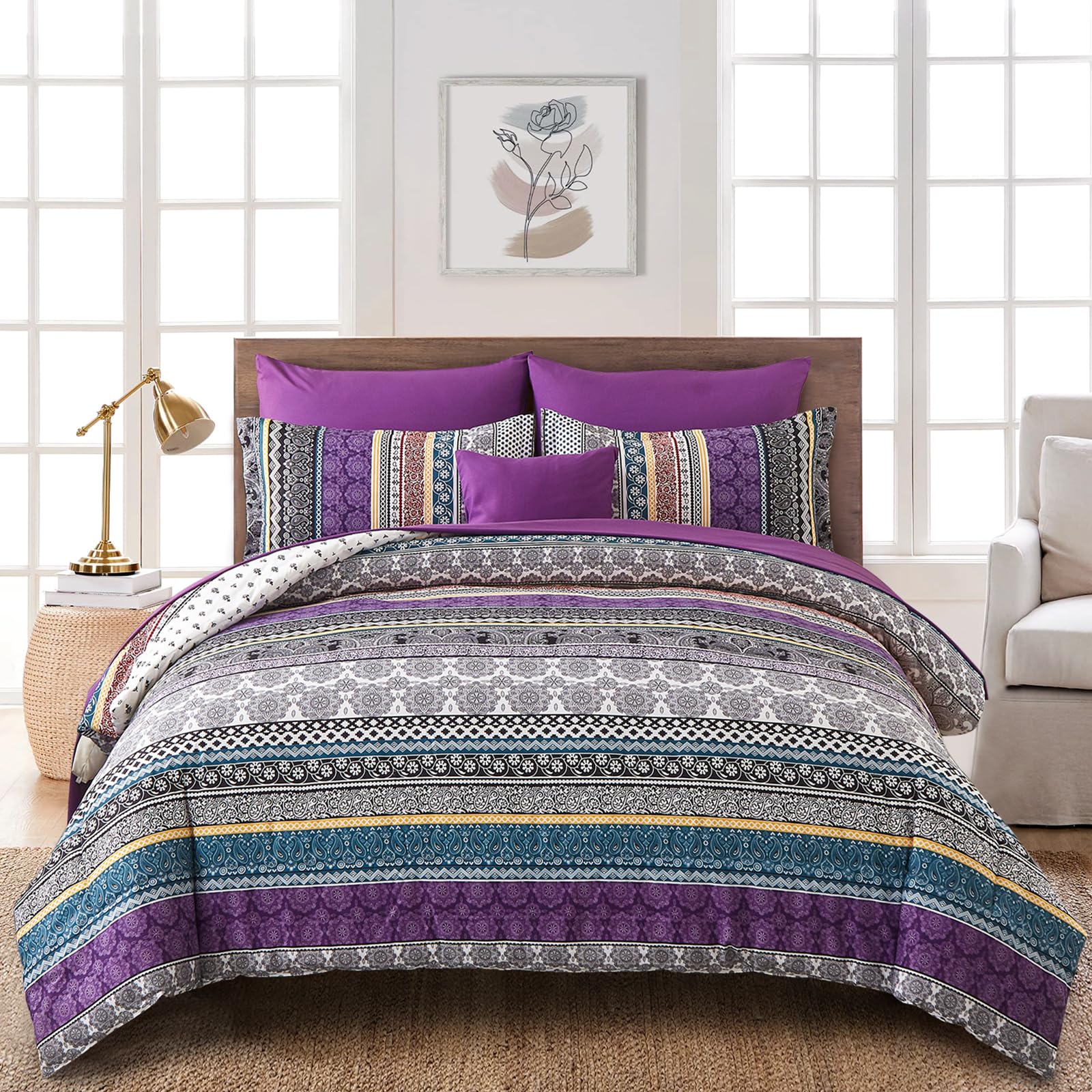 WONGS BEDDING Bohemian Double Duvet Cover Set Purple Grey Colorful Boho Striped Bedding Set including 2 Pillowcases Soft Microfiber Moroccan Quilt Cover 200x200cm - Image 2