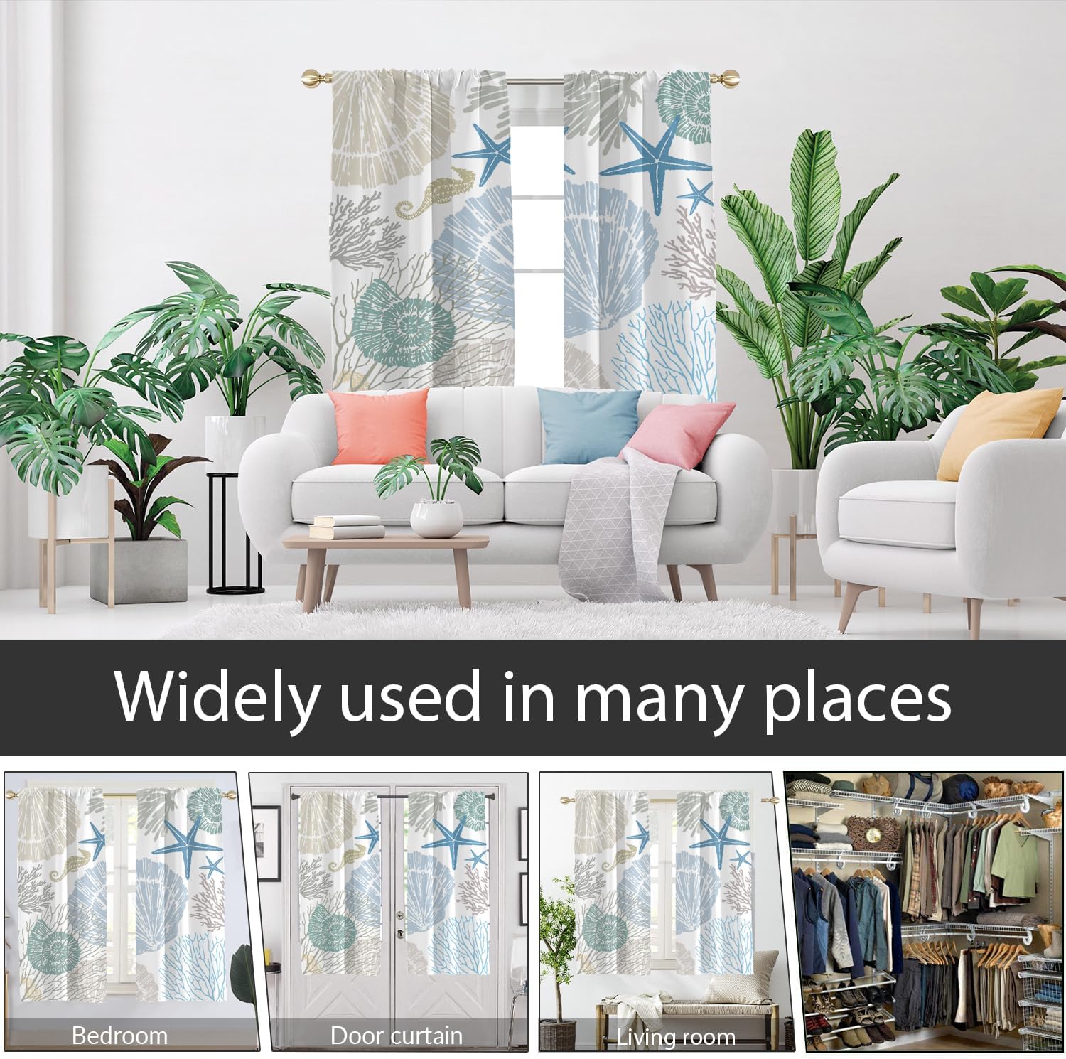 AAtter Coastal Window Curtain Nautical Beach Ocean Starfish Seashell Seahorse Conch Tropical Beachy Under The Sea Living Room Bedroom Drapes Treatment Fabric 1 Pair Home Decor, 42" W x 63" L, Modern