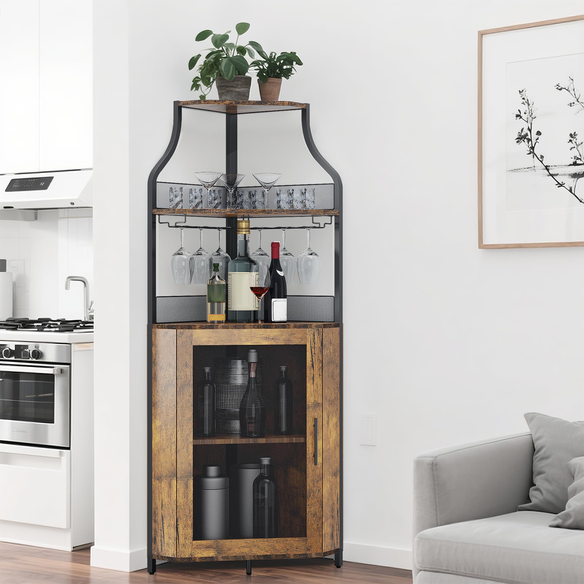 GarveeTech Eckbar Weinschrank Mit LED-Beleuchtung – 5-Stufiger Industrie-Bar-Schrank Mit Glasständer, Moderner Spirituosenschrank Mit Höhenverstellbarem Regal & Maschentür – Home Bar Cabinet, Braun
