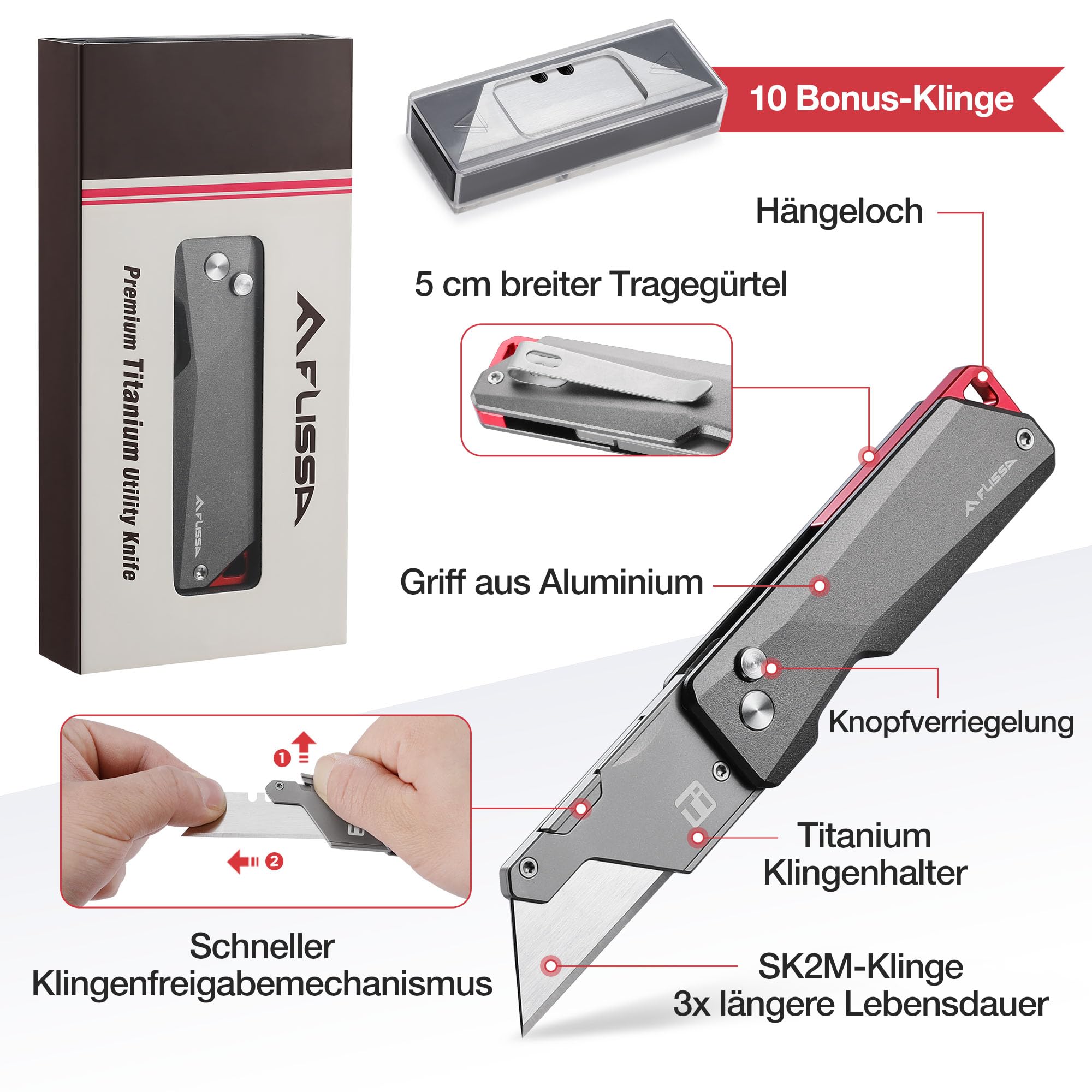 FLISSA Klappmesser Teppichmesser, Titan CNC-gefrästes Universalmesser, Cuttermesser mit Schnellwechselklinge, Ideale Geschenke für Männer und Frauen, mit extra 10 Klingen
