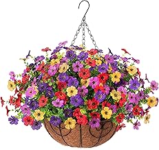 Artificial Fake Flowers Basket for Spring Outdoor Decor, Faux Mums Floral Hanging Plant for Summer Outside Decor, Silk Daisy with Eucalyptus Leaves for Home Patio Garden