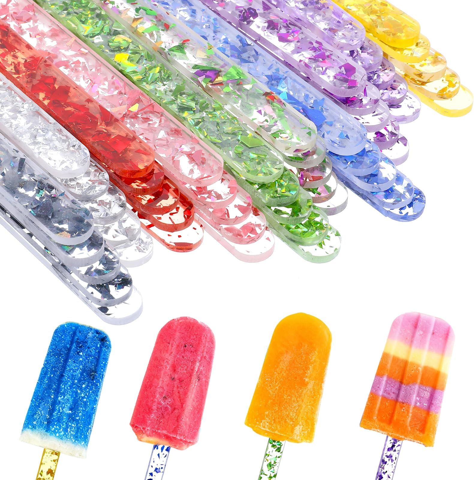 50PCS Acrylic Popsicle Sticks, 10 Colors Reusable Cakesicle Sticks, Glitter Ice Pop Stick for Cake, Candy, Dessert, Gifts, Party Craft, Art Projects (4.5 Inch)
