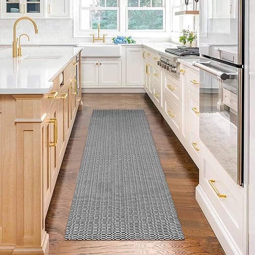 Miniatura 4 de KOZYFLY Alfombra lavable de 2 x 6 pies para pasillo de cocina con parte trasera de goma Bobo blanco y negro para entrada, pasillo, cocina, entrada,