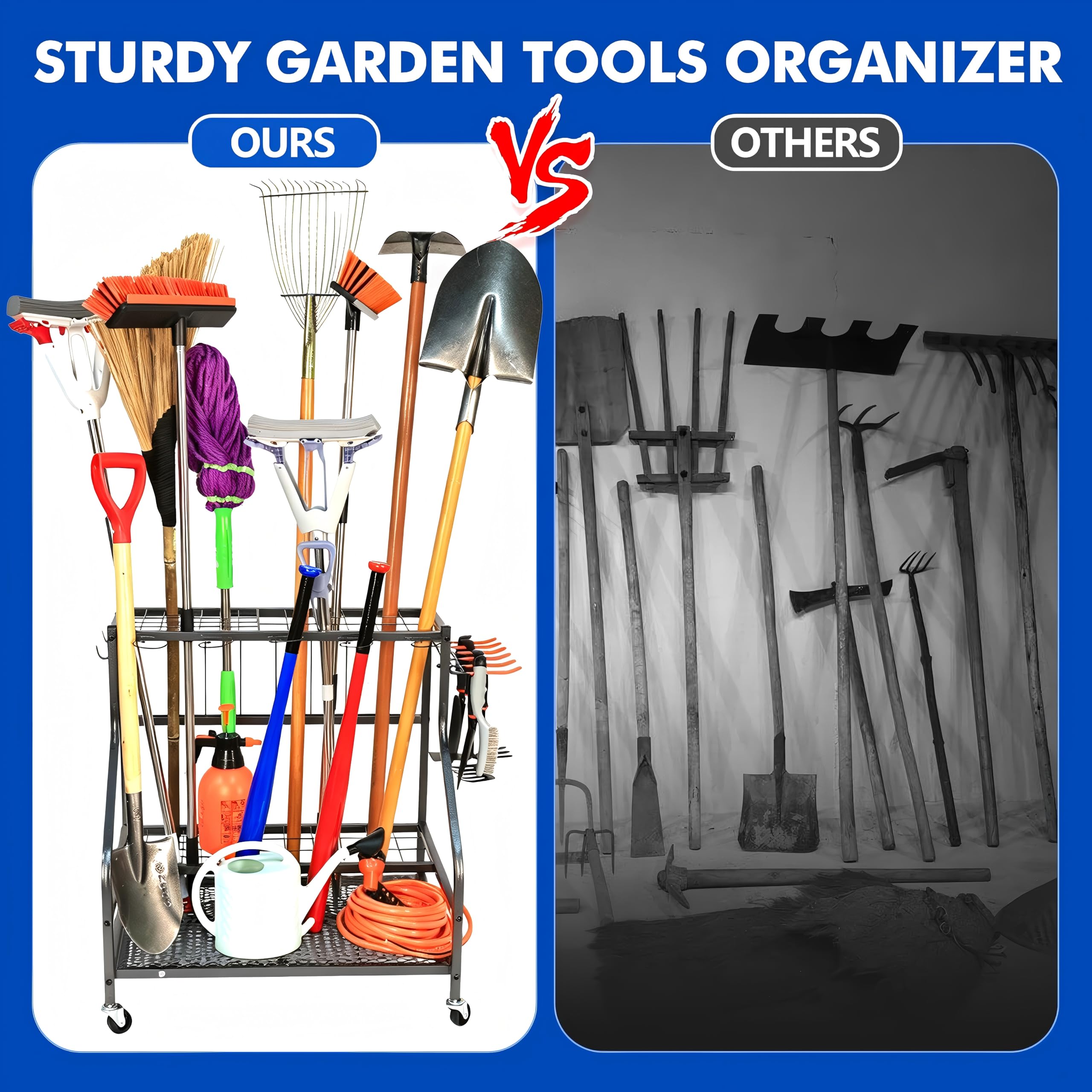 Sinoer - Organizador de herramientas de jardín de metal de 3 niveles con gancho y rueda para césped, garaje, patio y jardín