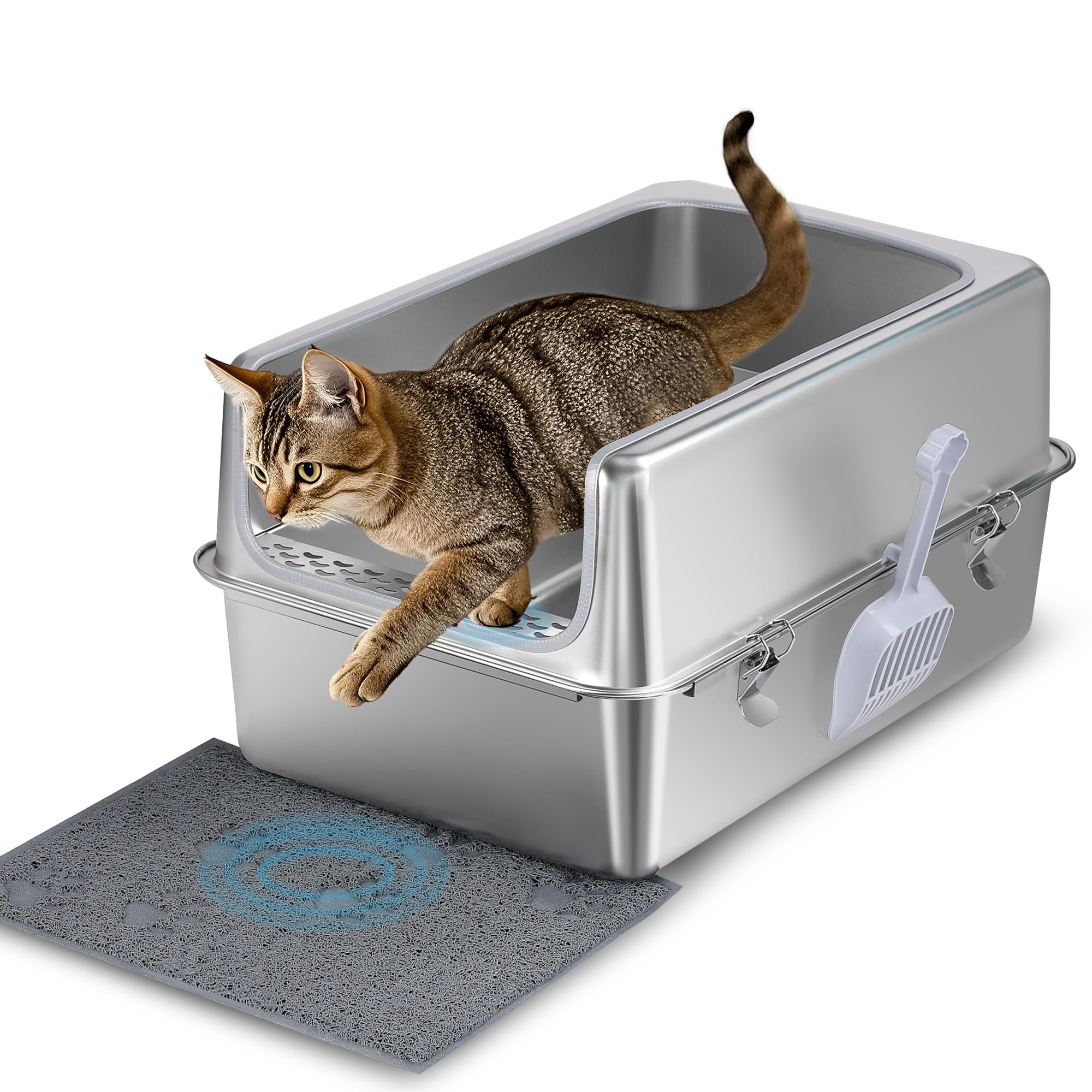 Stainless Steel Litter Box with Metal Lid and Scoop - Enclosed Metal Litter Box for Large Cats, Rust-Resistant, Odor-Control, Easy to Clean, Durable & Long-Lasting with Round Edge (XL)