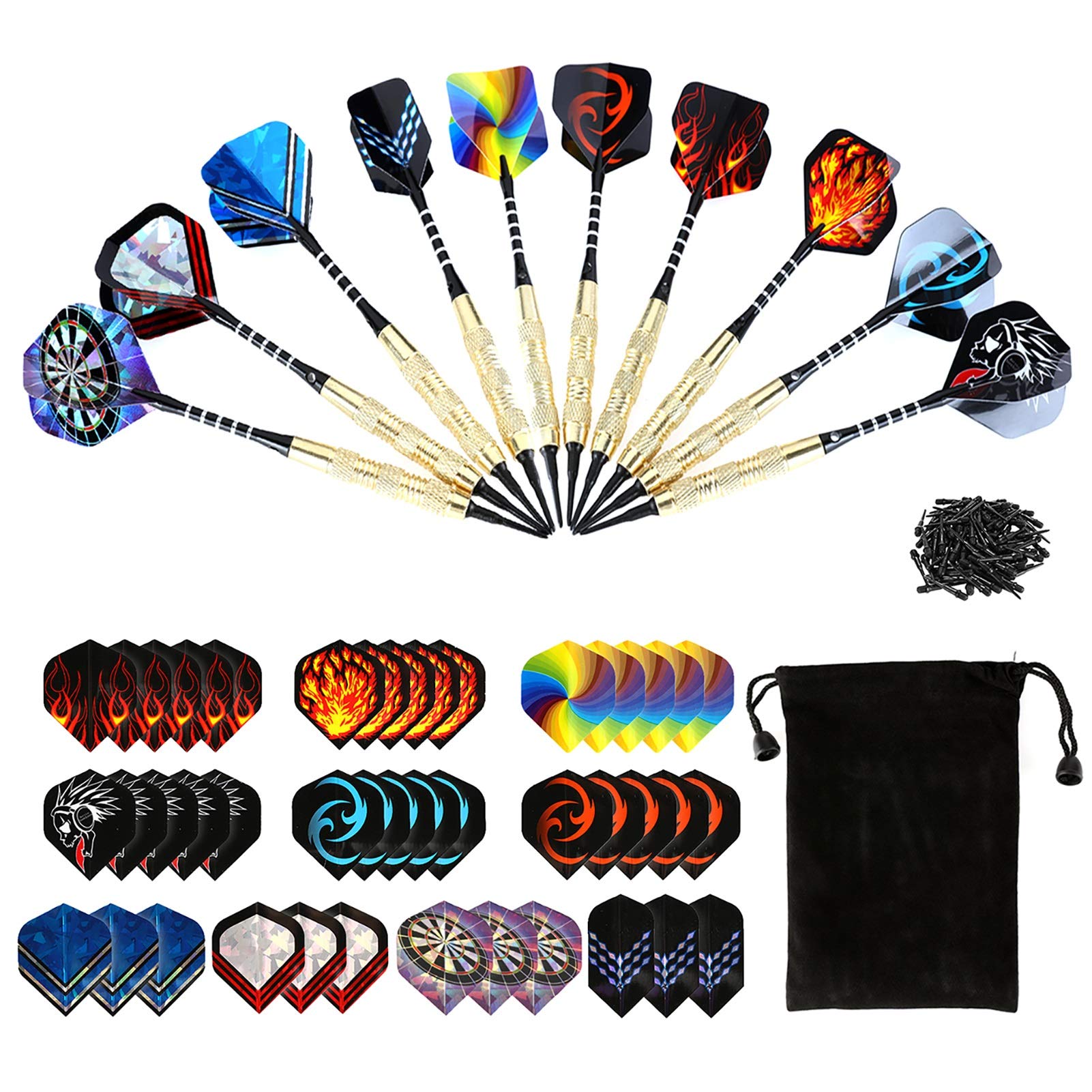 WICHEMI 12 Pack Soft Tip Darts 18 Gram Plastic Tip Dart Set with Aluminum Shafts, Brass Steel Barrels, 200 Extra Dart Tips 42 Dart Flights 20 Extra Rubber Rings for Electronic Dart Board