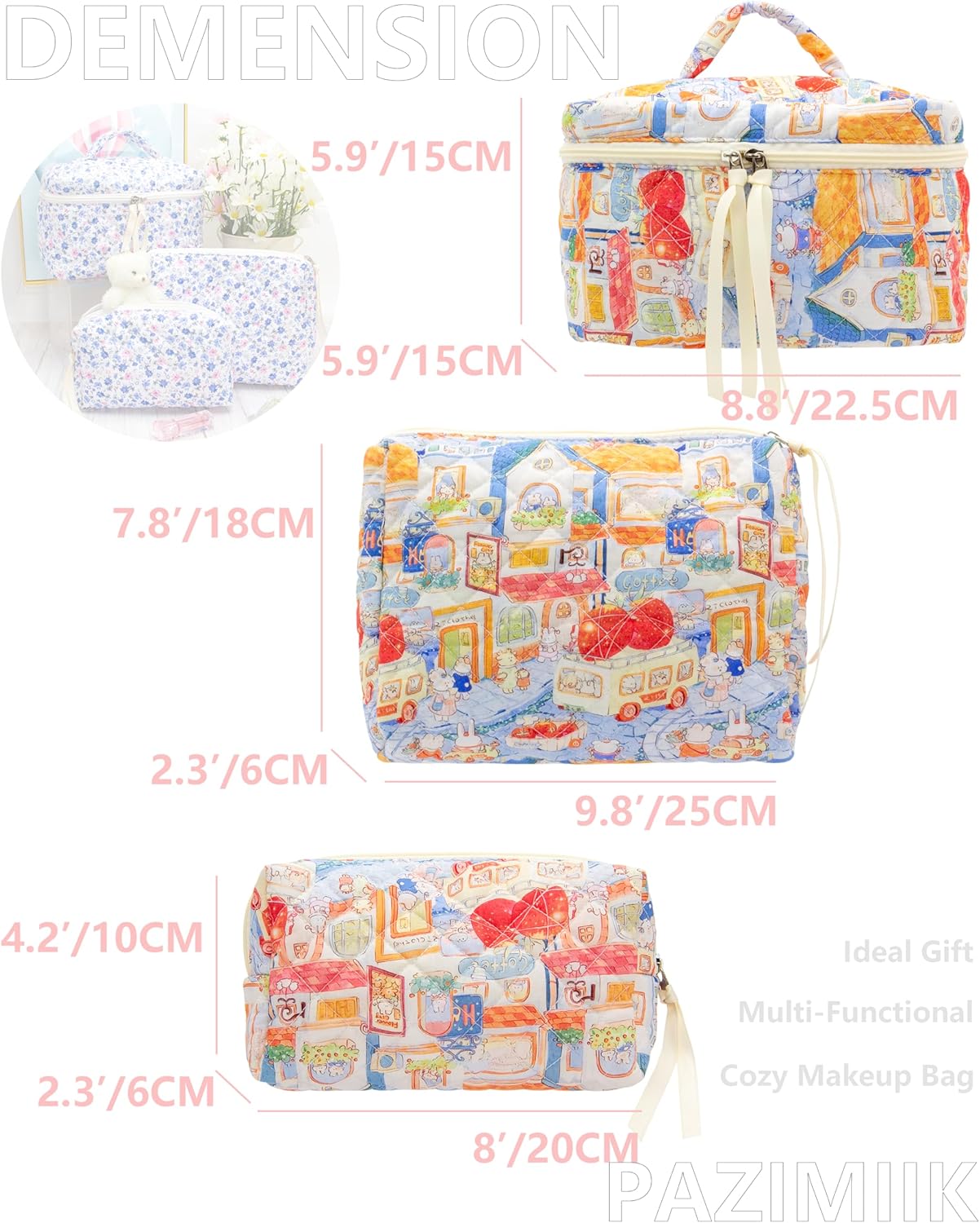 PAZIMIIK 3PCS Makeup Bag SET Large Travel Quilted Zipper Soft Cosmetic Case Pouch for Women Girls Make Up,Little Bunny - Image 3