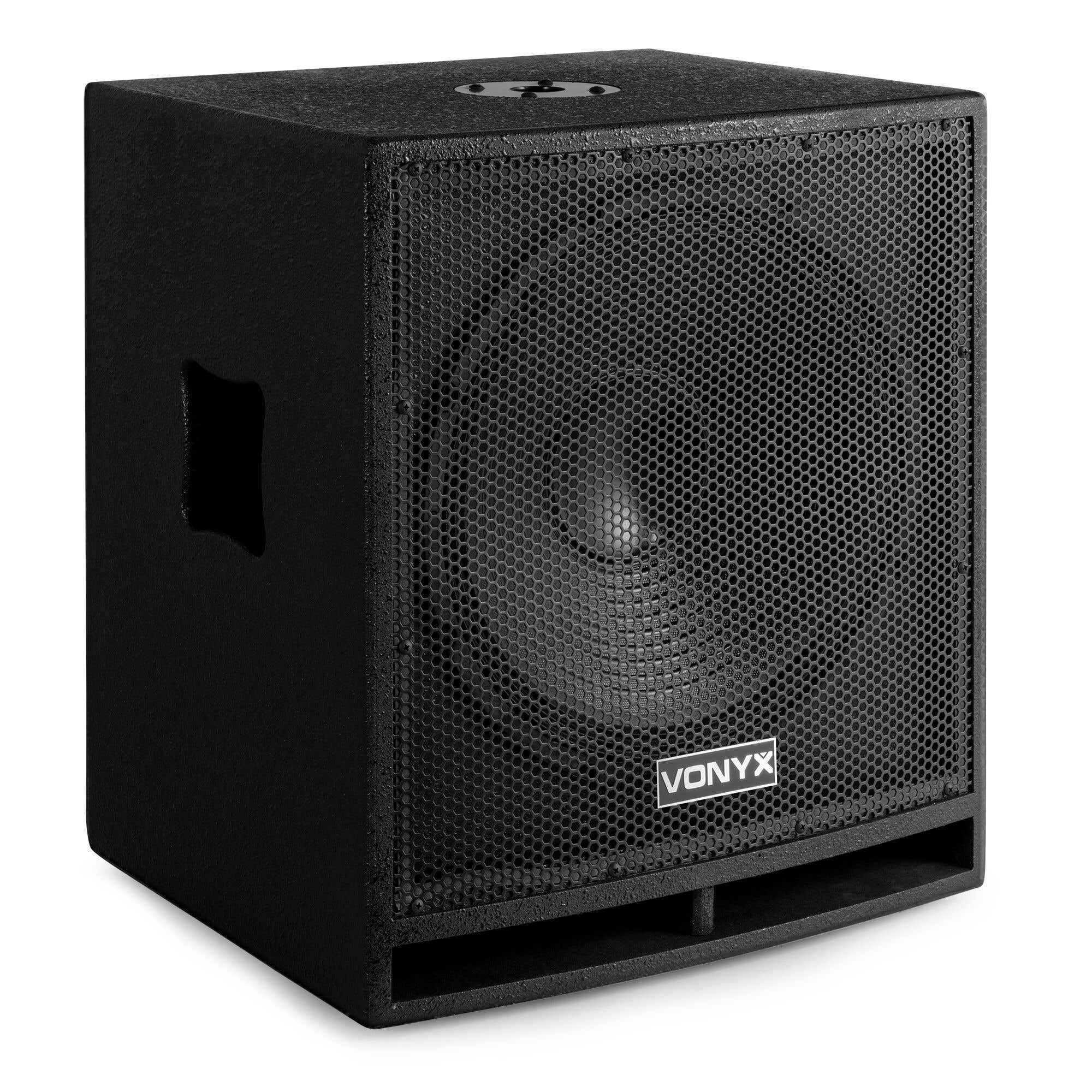 VONYX SWP15 Caisson de Basse Actif 800W, Phase Réglable, Entrée/Sortie XLR + RCA, Amplificateur Intégré, Insert sur la Face Supérieure pour Enceinte Active, Grave 15", Idéal pour DJ Mobile