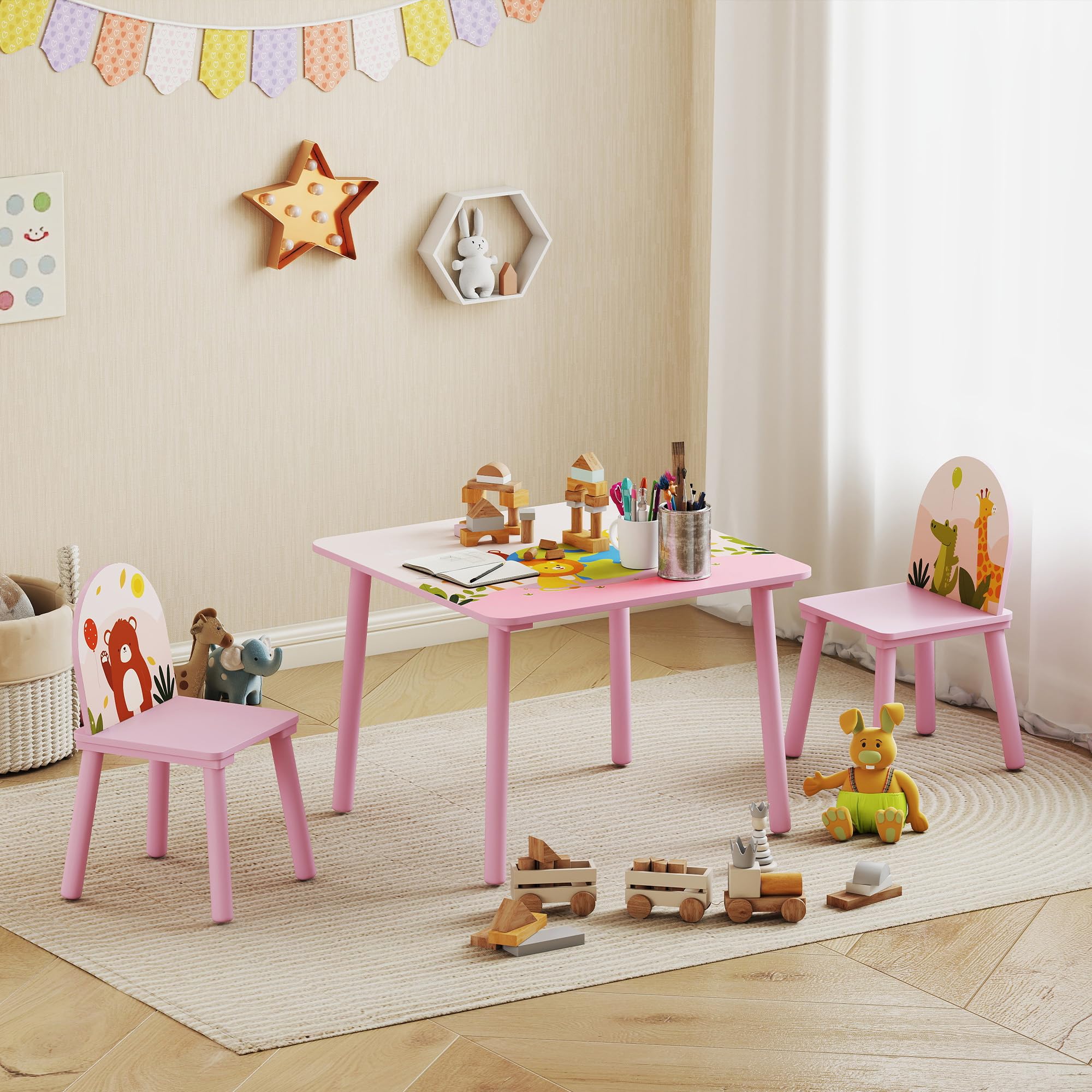 AIYAPLAY Set Tavolo e Sedie per Bambini 3-8 Anni Motivi Animali Rosa | Bordi Arrotondati, Sedie e Tavolino per Bambini, in MDF e Legno di Pino
