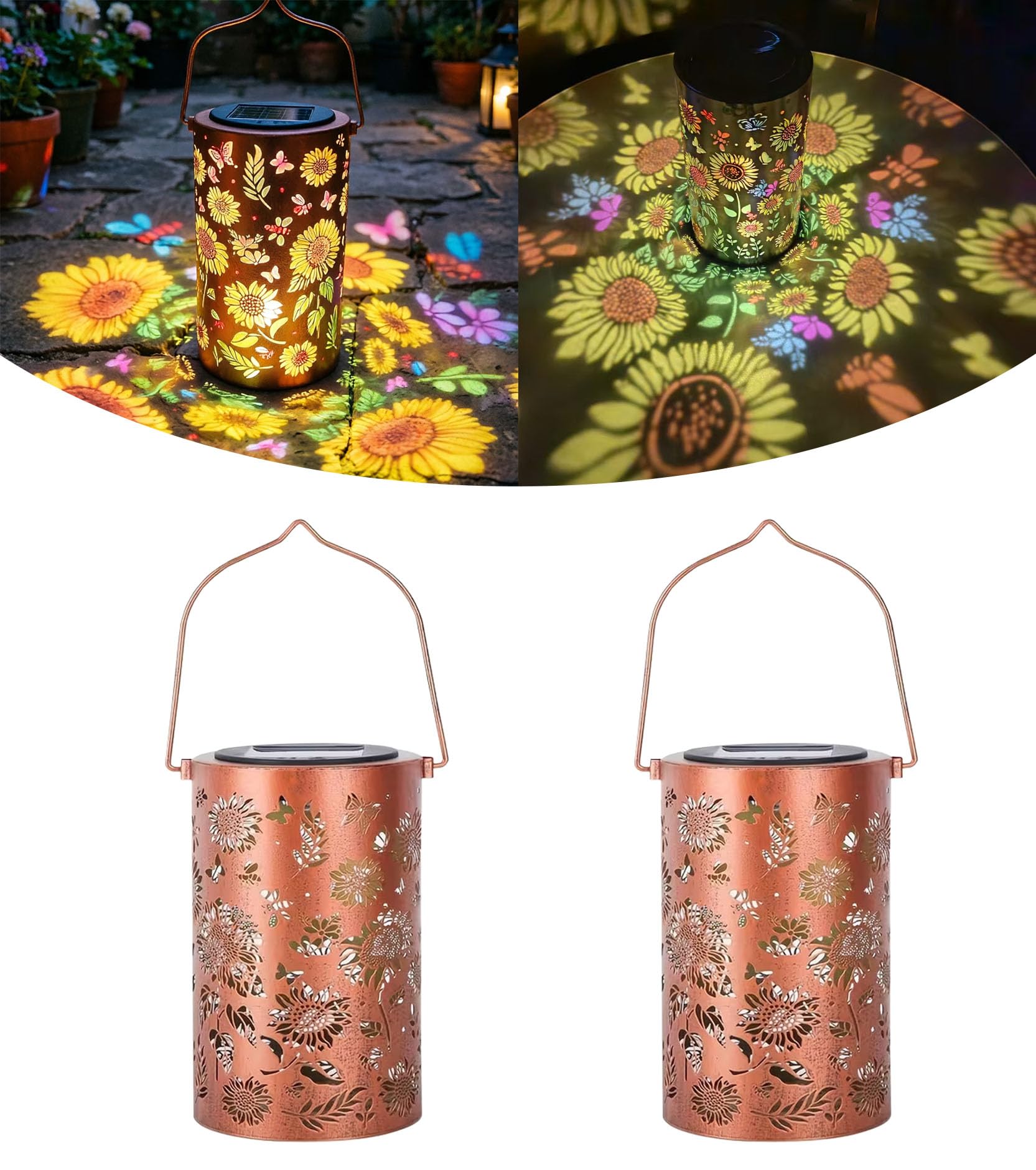 2PCS Colorful Sunflower Glow Solar Garden Lantern,IP65 Waterproof Solar Hanging Light with Colorful Butterfly Pattern, Decorative Solar Lamp for Garden Balcony Yard Pathway, Perfect Gift for Women