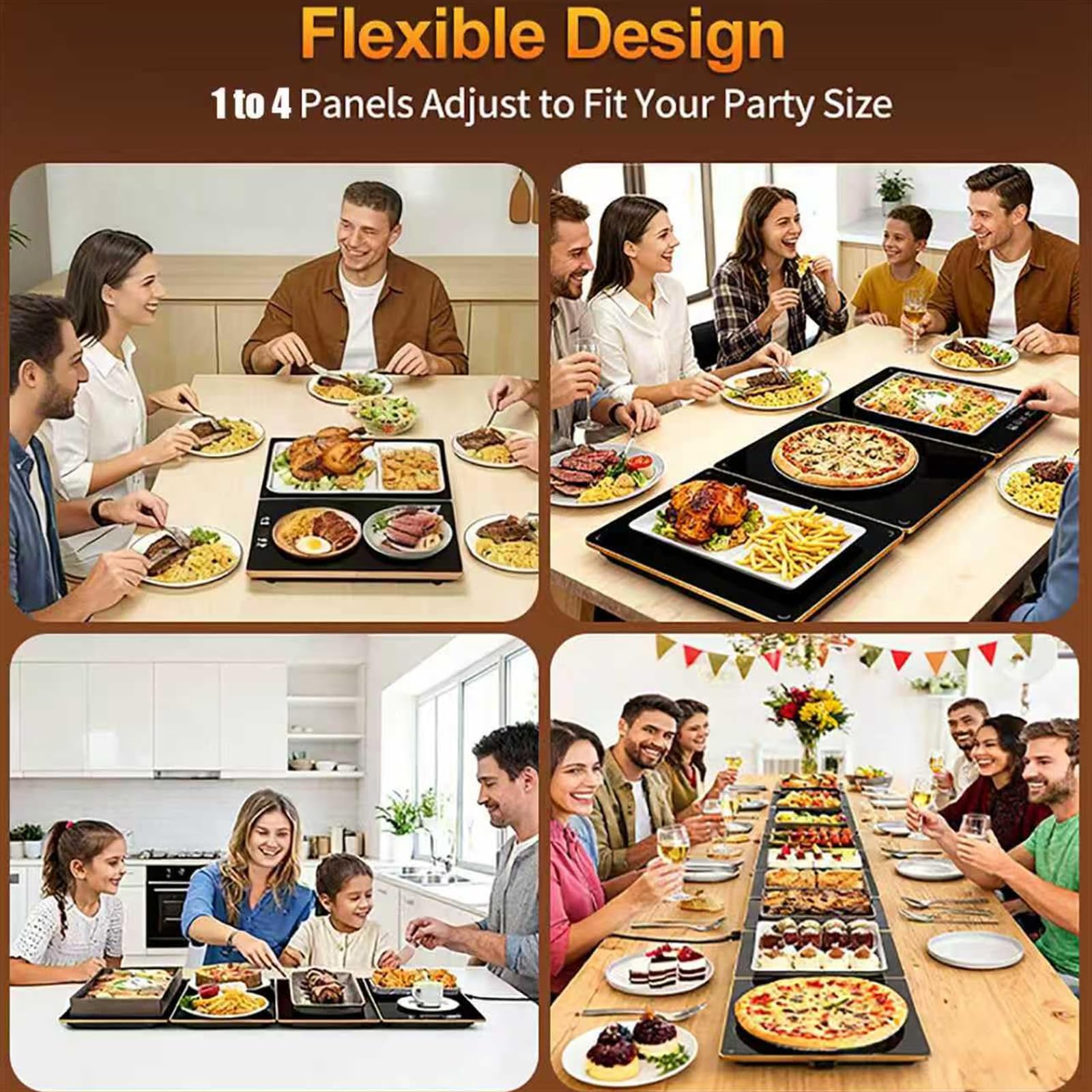 Bandeja modular de calentador de alimentos eléctrico, placa de calefacción de vidrio expandible, 10 ajustes de calor, servidor de buffet para fiestas, catering, cenas de cocina, fácil almacenamiento y