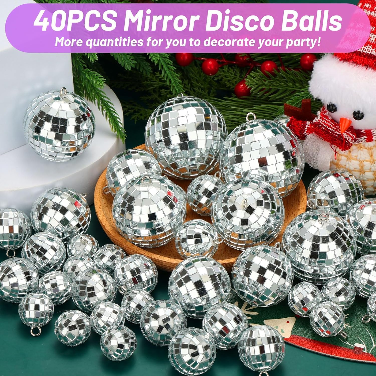 Jupwalz 40 Pcs Disco Balls with Rope, 5 Sizes Mini Disco Ball Decor Ornaments, Small MirrorBall Different Sizes Silver Decorations for Halloween DIY Christmas Tree Topper Music Prom Party Wedding