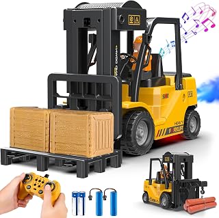 VWAHNANA 2-in-1 RC Forklift Crane Truck Toy - 11-Channel Remote, Spray Lights Sounds, 2 Rechargeable Batteries for Kids 6+ & Adults