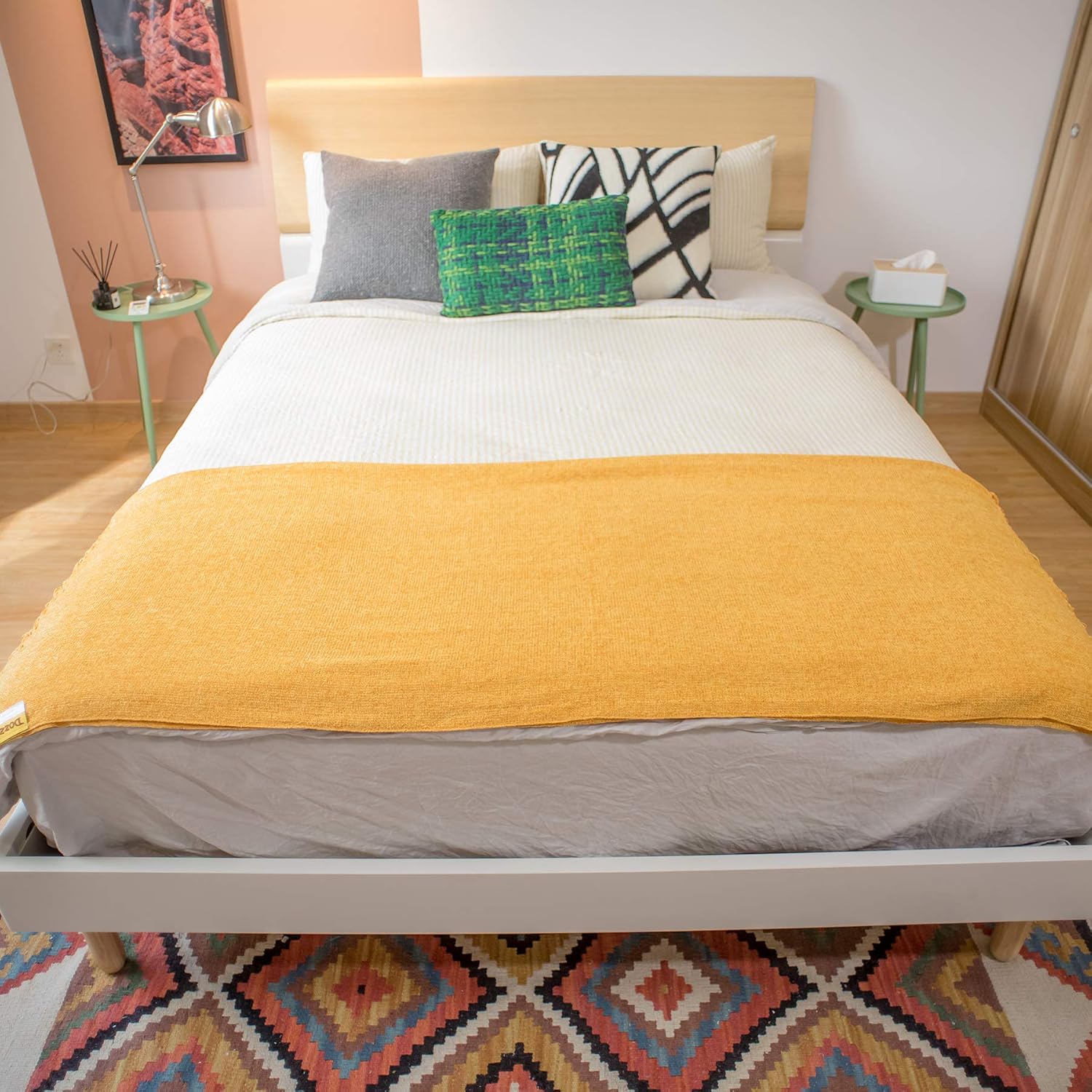 Spring Chenille Throw Blanket with Decorative Fringe Lightweight Cover for Couch Sofa Bed Chairs Furniture Home Decor Mustard Gold