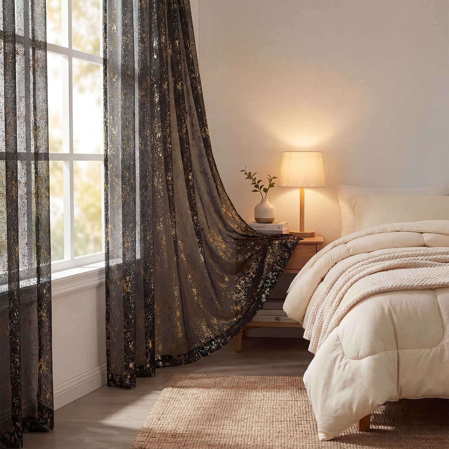 Horaldaily Black Sheer Curtains for Living Room and Bedroom,Gold Sequin Glitter Metallic Foil, Scenery Light Filtering Window Curtains, 52" W x 84" L, Set of 2 Curtain Panels