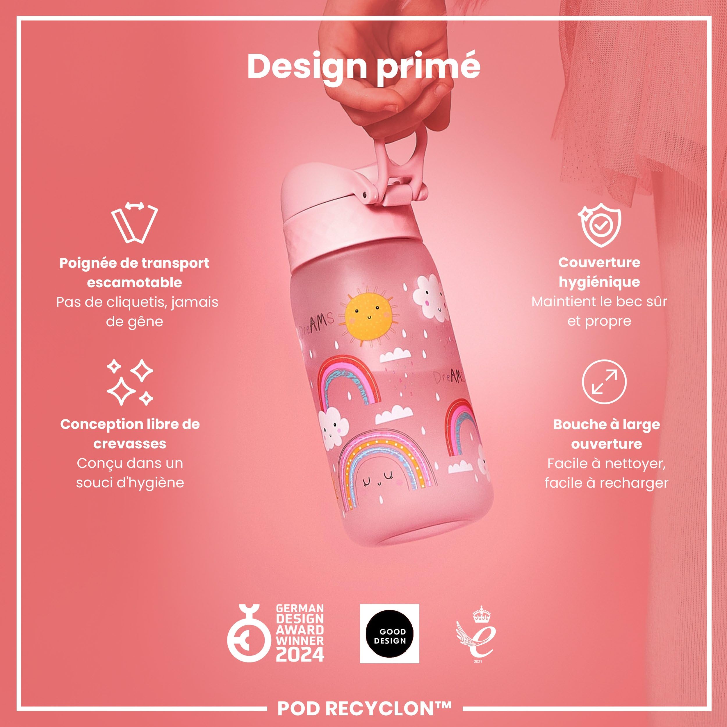 ION8 Gourde Enfant, 350ml, Anti-Fuite, Facile à Ouvrir, Verrouillage Sécurisé, Lavable en Lave-Vaisselle, Sans BPA, Poignée de Transport, Facile à Nettoyer, Carbone Neutre, Arcs-En-Ciel