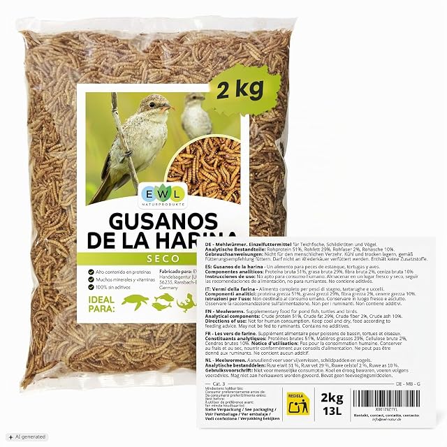 Foto 7 de 7 de EWL Naturprodukte Gusanos de la Harina Secos 2 kg (13 L), Snack de Insectos para Aves, Peces, Tortugas