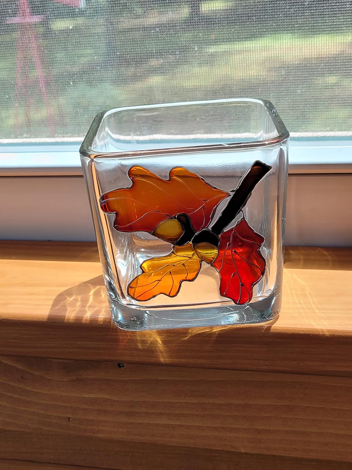 Oak Tree Leaves and Acorns Hand Painted Stained Glass Candle Holder Fall Thanksgiving Home Decor