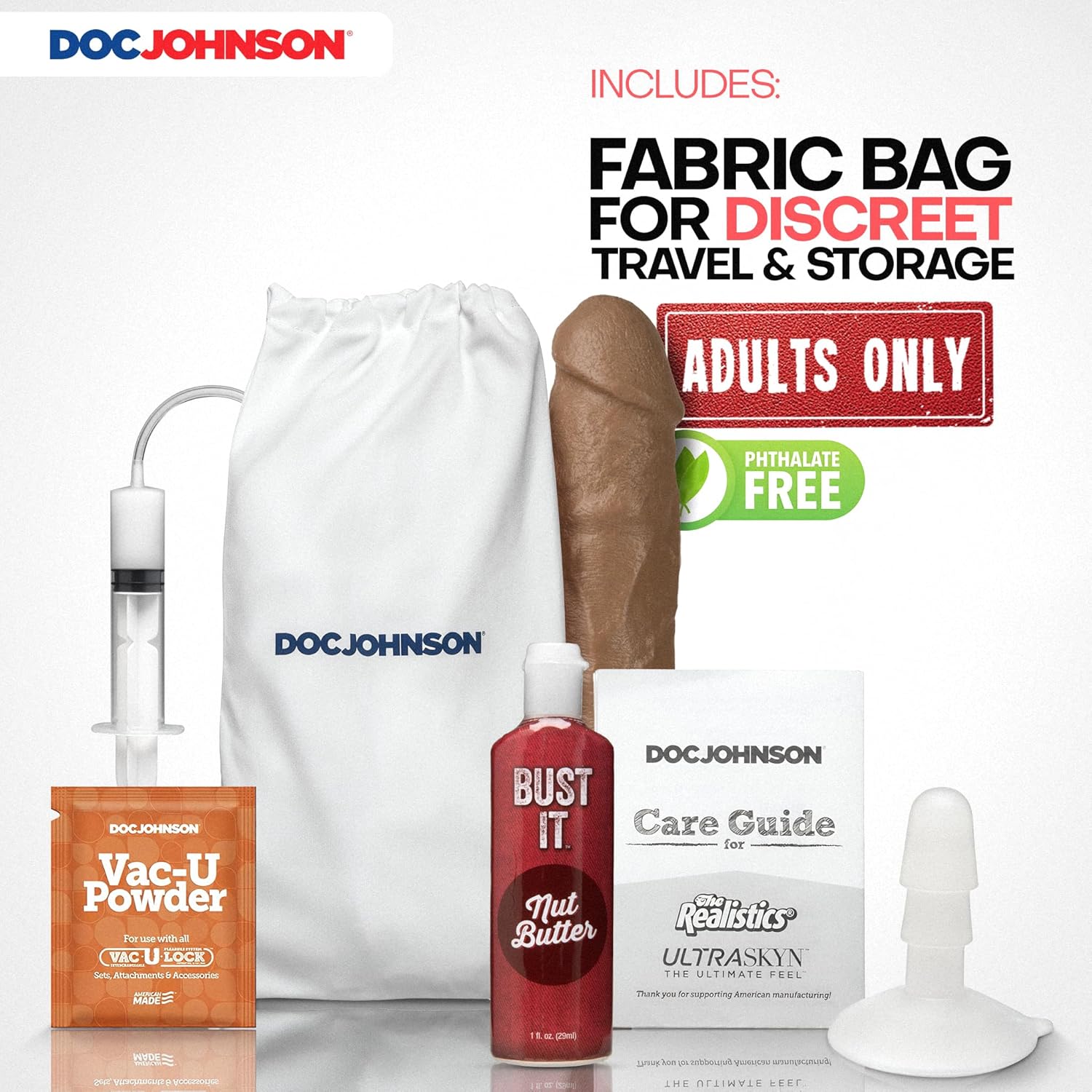 Doc Johnson Bust It - Squirting Realistic Penis with Removable Vac-U-Lock Suction Cup Base and 1 oz. Bottle of Nut Butter - Harness Compatible - Storage Bag Included - Futanari Fantasy - Caramel