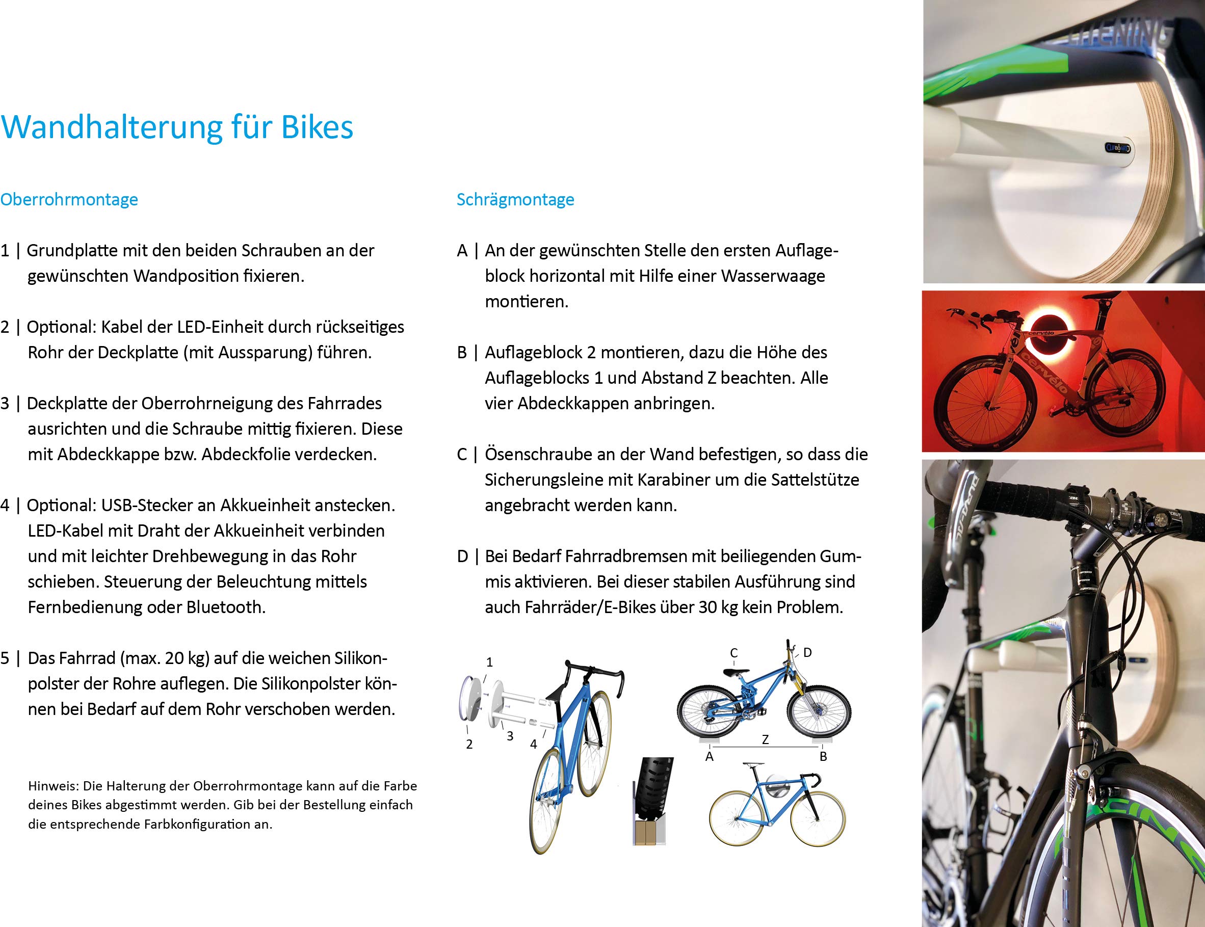 Fahrrad Wandhalterung - 360° Drehbar, Multiplex-Holz, Handgefertigt in Deutschland, mit Weichen Auflagepolstern, Farbig Konfigurierbar, für Rennrad, Mountainbike, Gravelbike