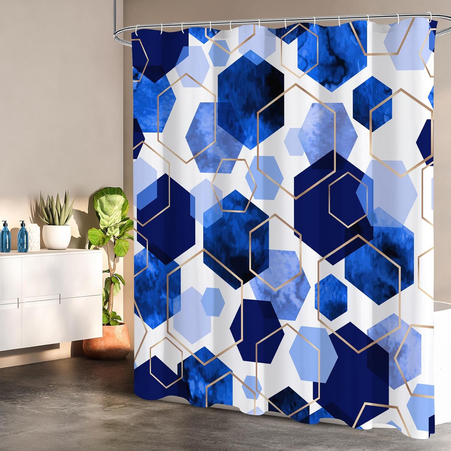 Litabel Royal Blue Modern Shower Curtain for Bathroom, Geometric Art Decor Waterproof Bath Curtain, Abstract Fabric Shower Curtain Sets for Home Decor, 72x72 Inch