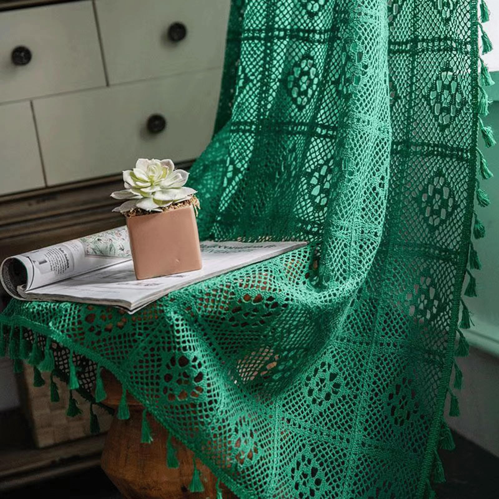 Rideau de Dentelle Vert Rustique de Haute Qualité 150x180