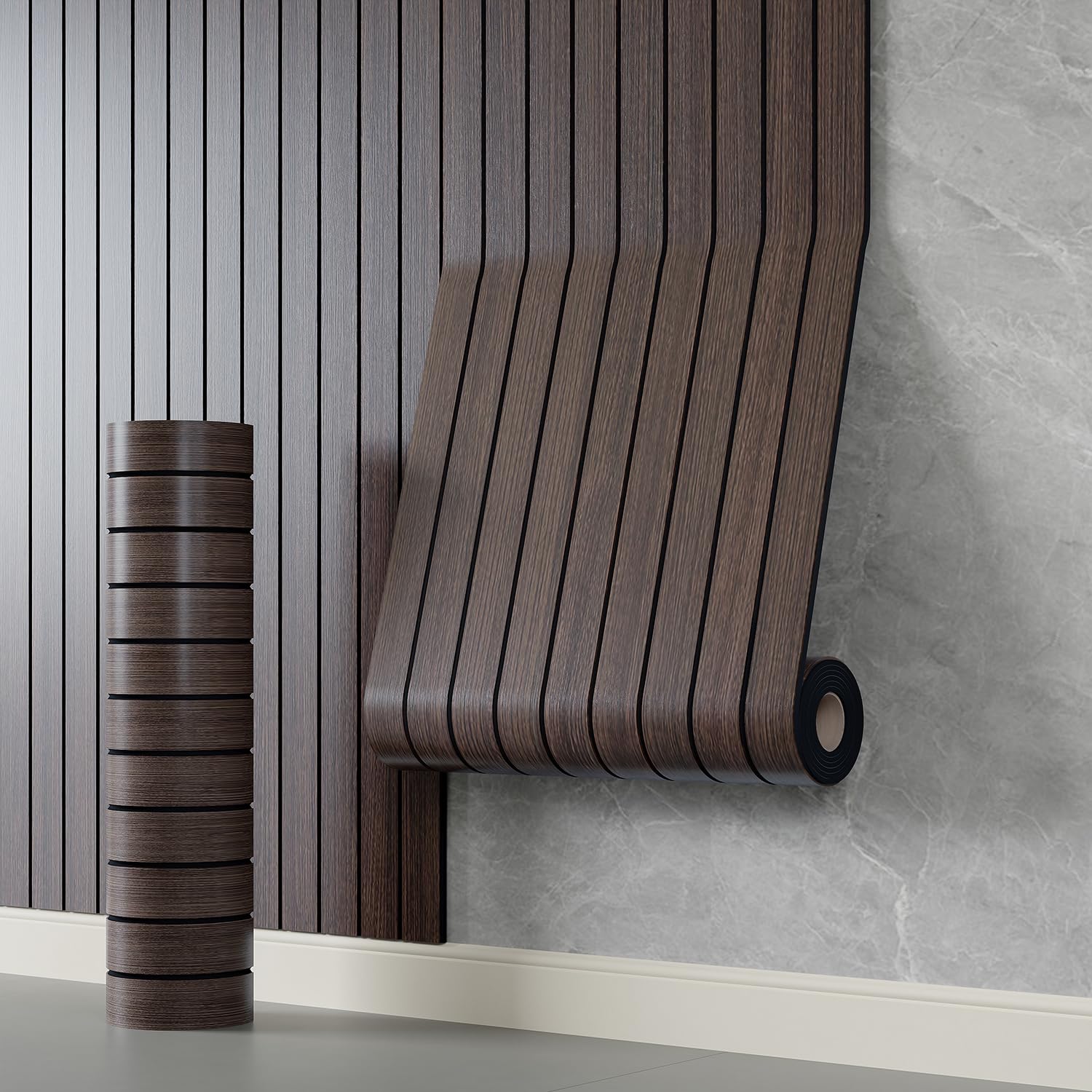 Photo 1 of YLL YLL PVC Slat Wall Panel Peel and Stick 236"x 15.7" Faux Smoked Wood Grain Slat Panel Self-Adhesive Wallpaper Soundproof 3D Wall Panels