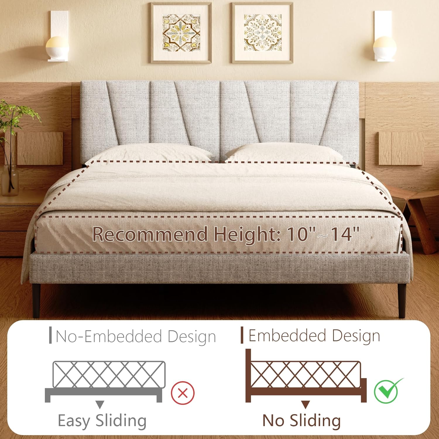 Queen Size Bed Frame, Linen Upholstered Platform Bed with Headboard, Strong Wooden Slats Support, Noise-Free Mattress Foundation, No Box Spring Needed, Easy Assembly, Light Grey