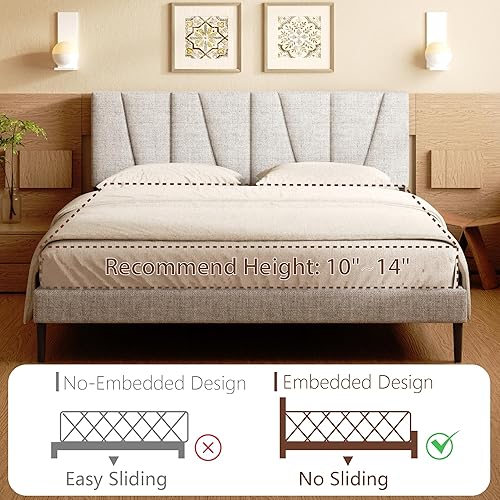Miniatura 6 de Base de cama tamaño Queen, plataforma tapizada de lino con cabecero, fuerte soporte de listones de madera, base de colchón sin ruido, no necesita