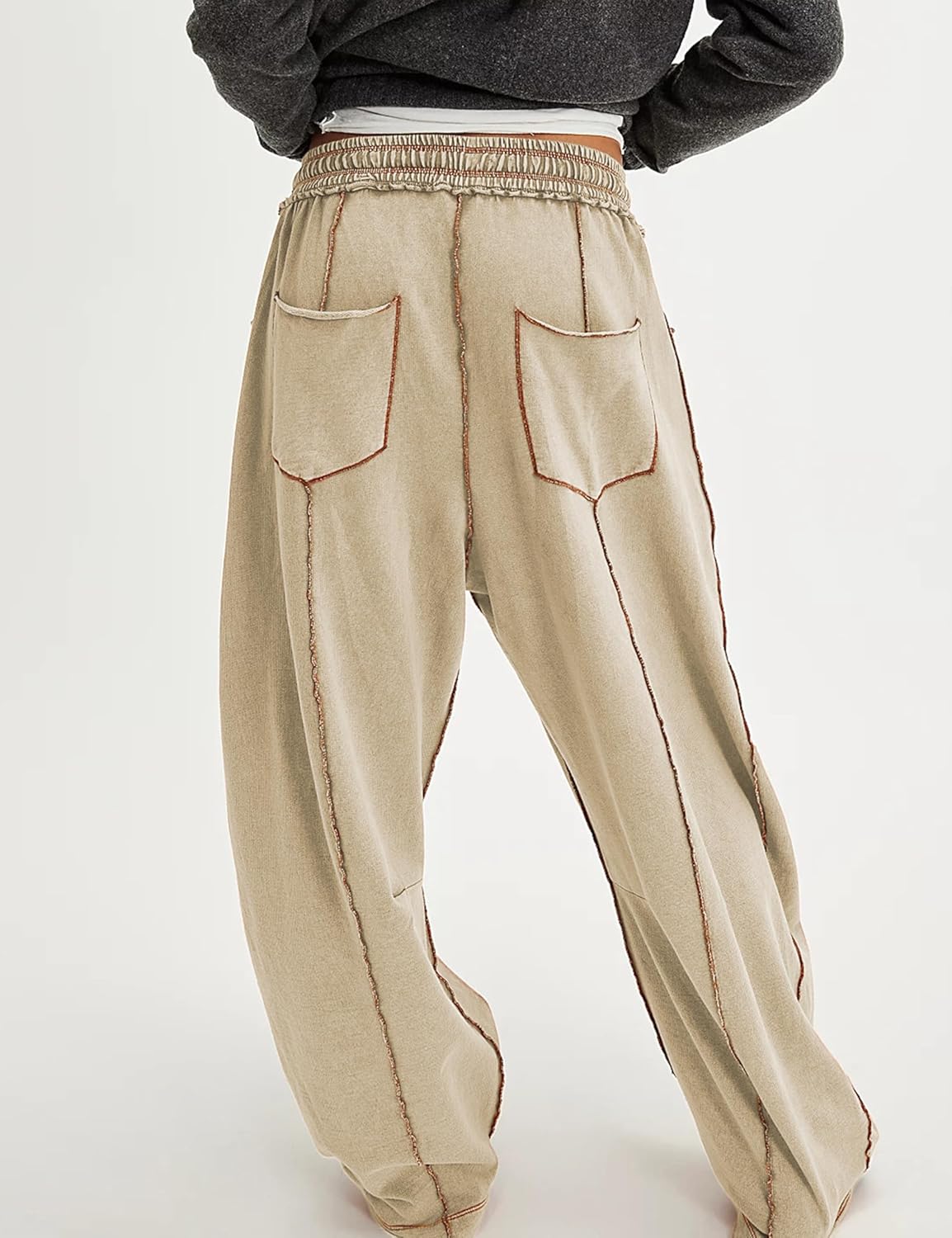 Womens Slouchy Barrel Sweatpants Mid Waisted Wide Leg Pants Drawstring Athletic Baggy Pants Lounge Sweats - Image 4