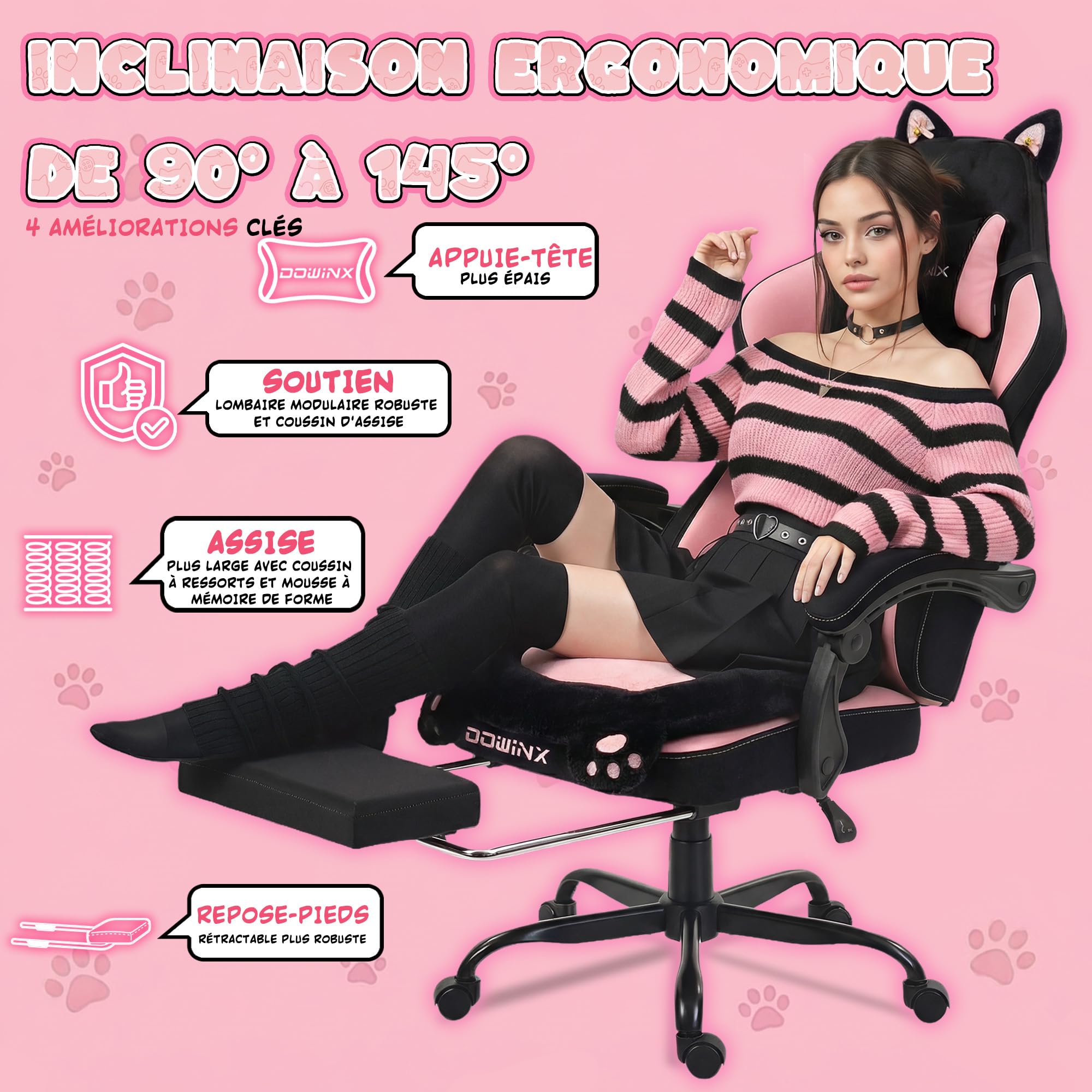 Dowinx Silla Gaming Ergonómica con Reposapiés, Silla Gamer de Terciopelo con Cojín Lumbar y Orejas de Gato, Silla de Oficina para PC y Escritorio, para Mujeres, Adultos y Adolescentes,Negro y Rosa