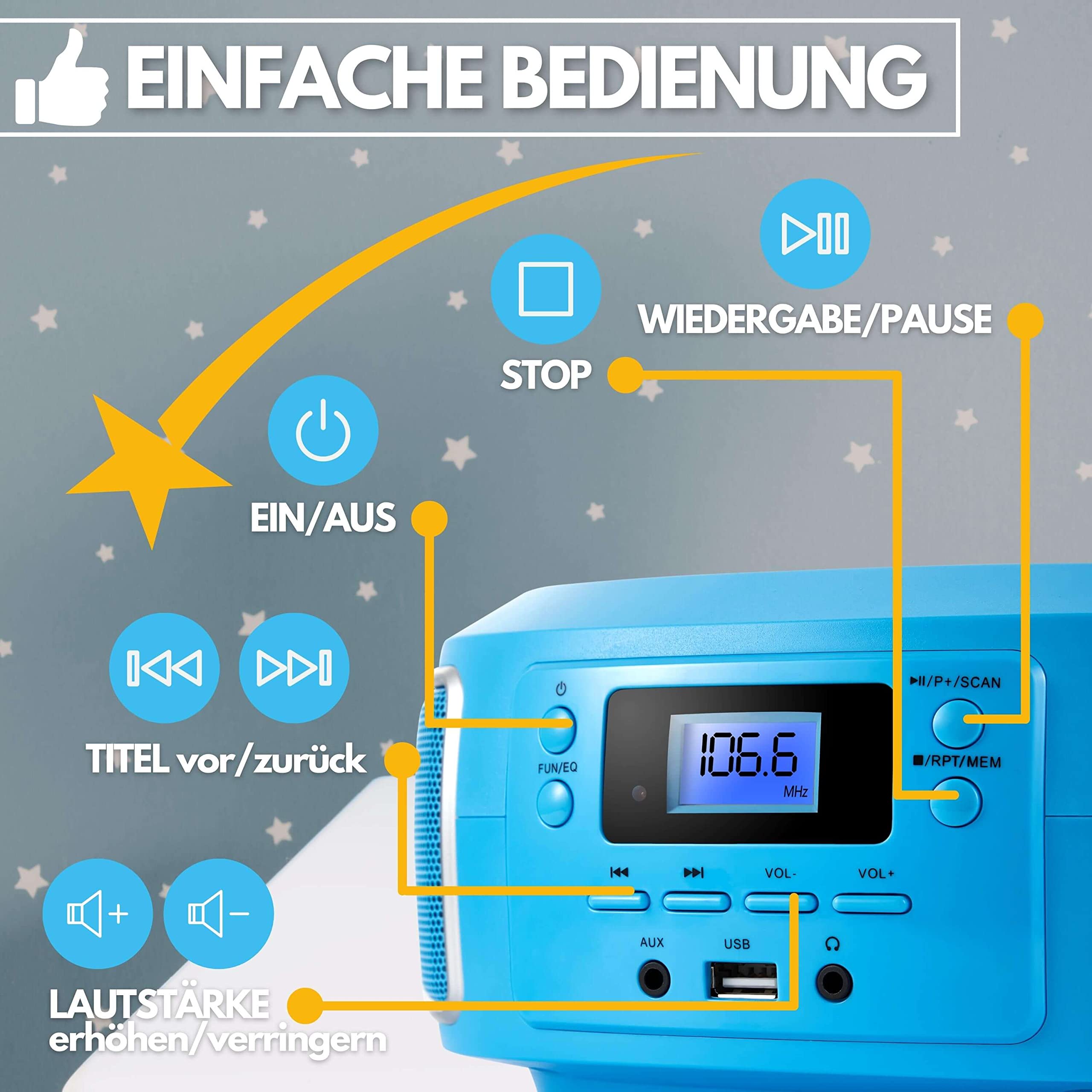 Cyberlux Tragbare Boombox | FM Radio | AUX-In | CD/CD-R | USB | Kopfhöreranschluss | CD-Player | Kinder Radio | CD-Radio | Kompaktanlage | Stereoanlage | Boombox, Bubble Blau
