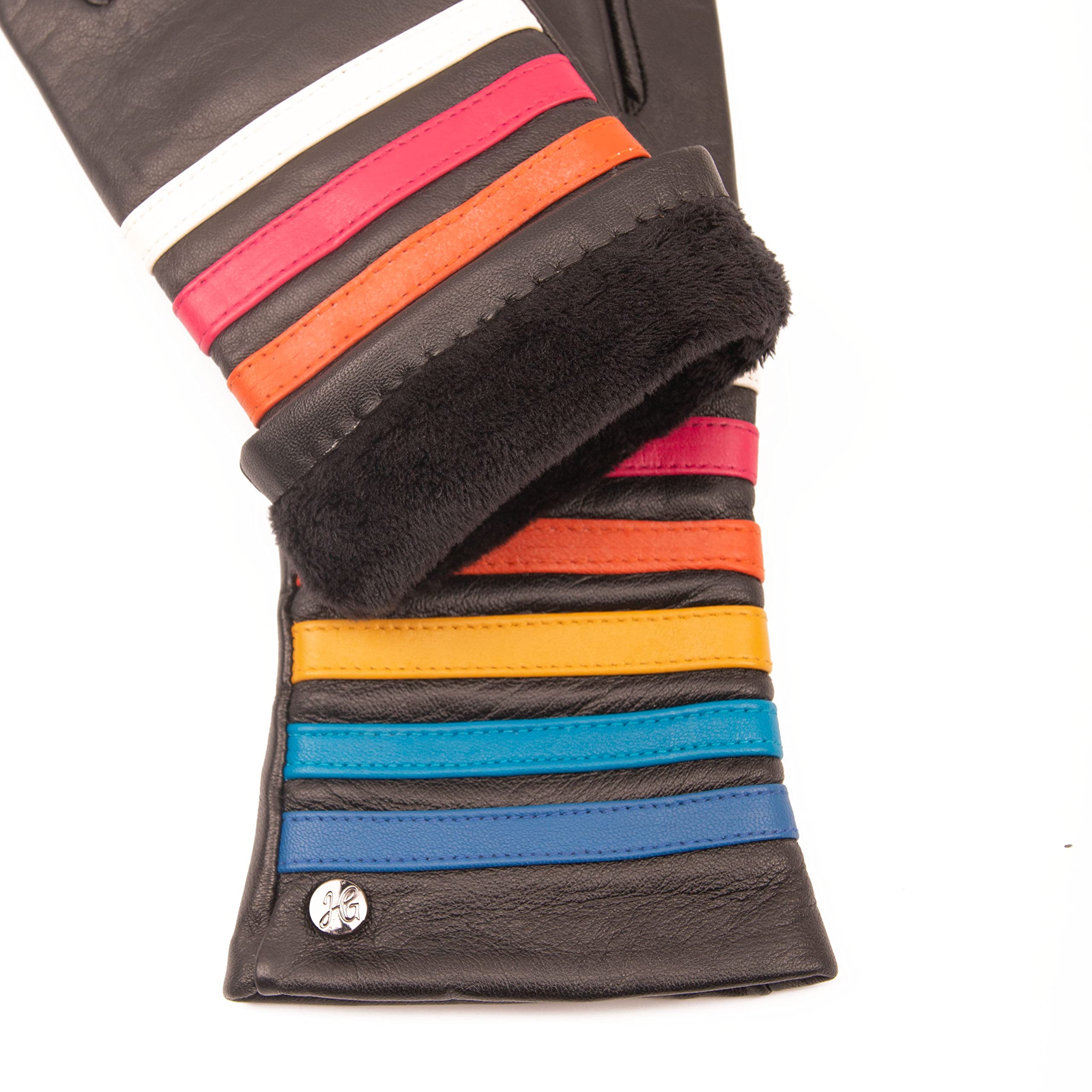 Ms PRIDE - Hochwertige Damen Lederhandschuhe gefüttert, Touchscreen Bedienung, Regenbogen Muster auf Handrücken, Lammnappa, Glattleder