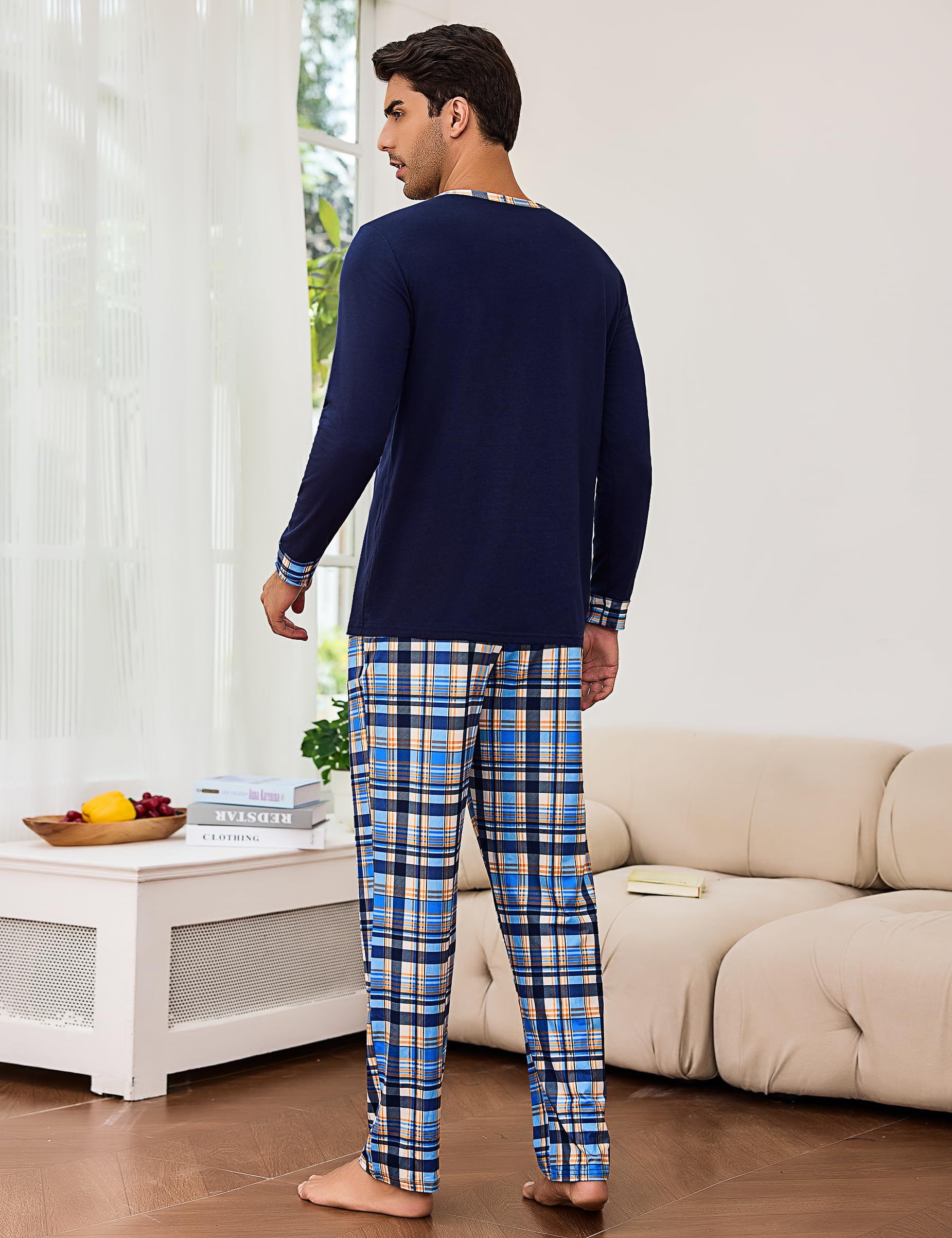 Litherday Pigiama da Uomo Invernale Lungo Pigiama Uomo in Cotone Pigiama a Maniche Lunghe da Uomo con Coulisse e Tasche 2 Pezzi, S-XXL