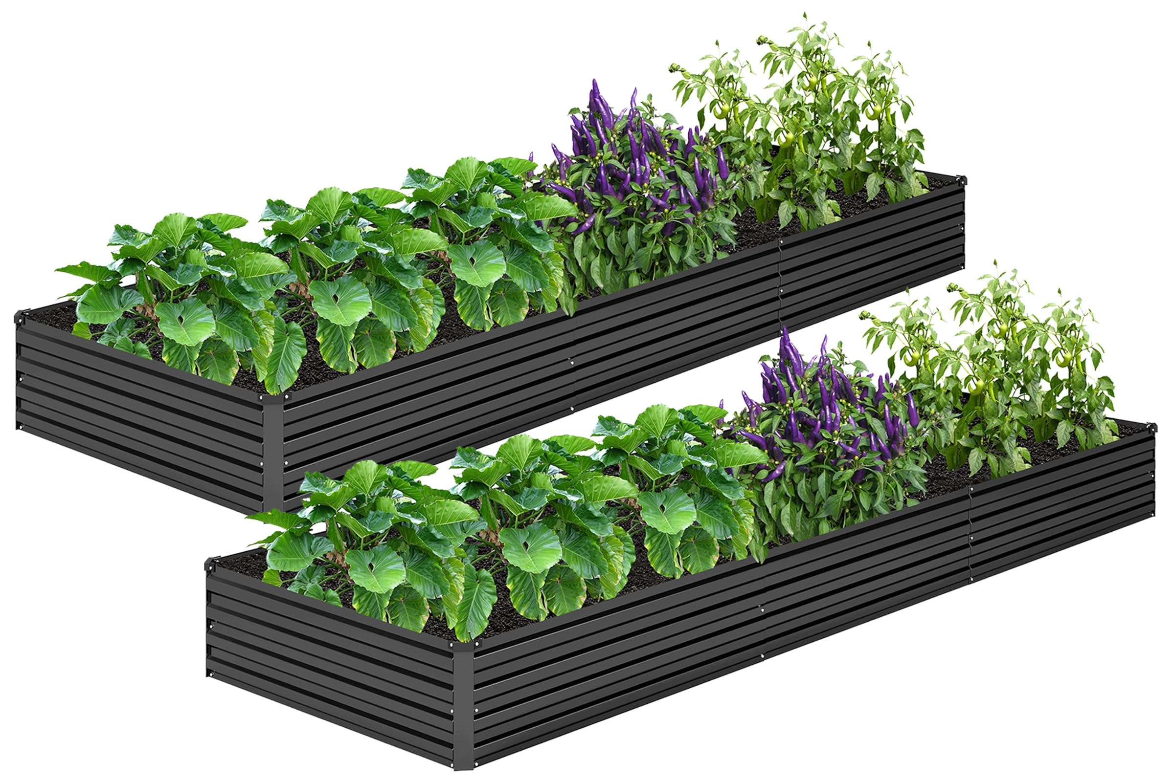 mgno 2pcs 12x4x1ft galvanized raised garden bed-outdoor planter box for vegetables-metal garden bed,rrectangle planting box for herb,flower,black
