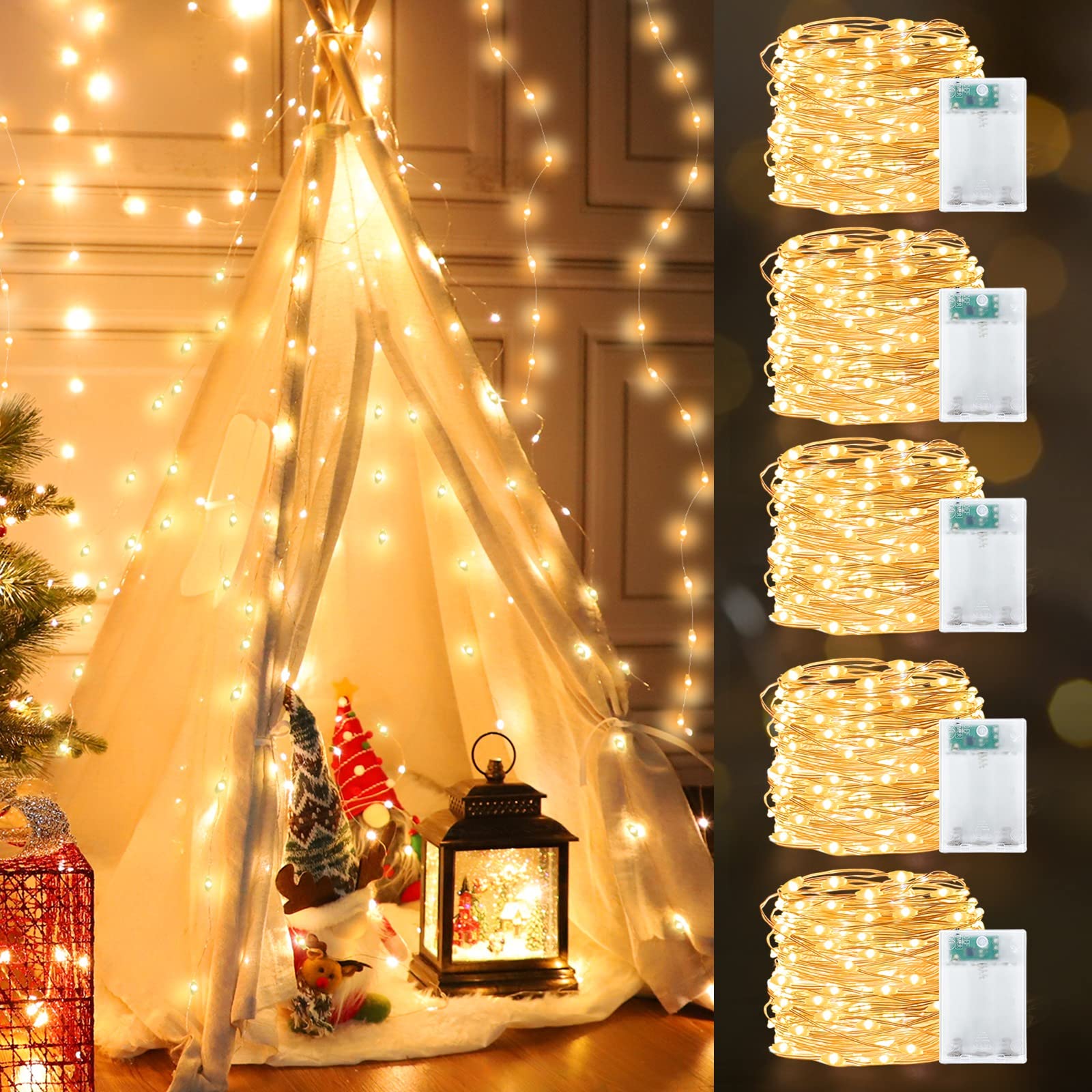 TURNMEON [5Pack&Timer] Christmas Fairy Lights Decorations, Total 250LED/82Ft String Fairy Warm White Lights Battery Operated Christmas Indoor Outdoor Garden Yard Party, 50LED/16.4Ft Each