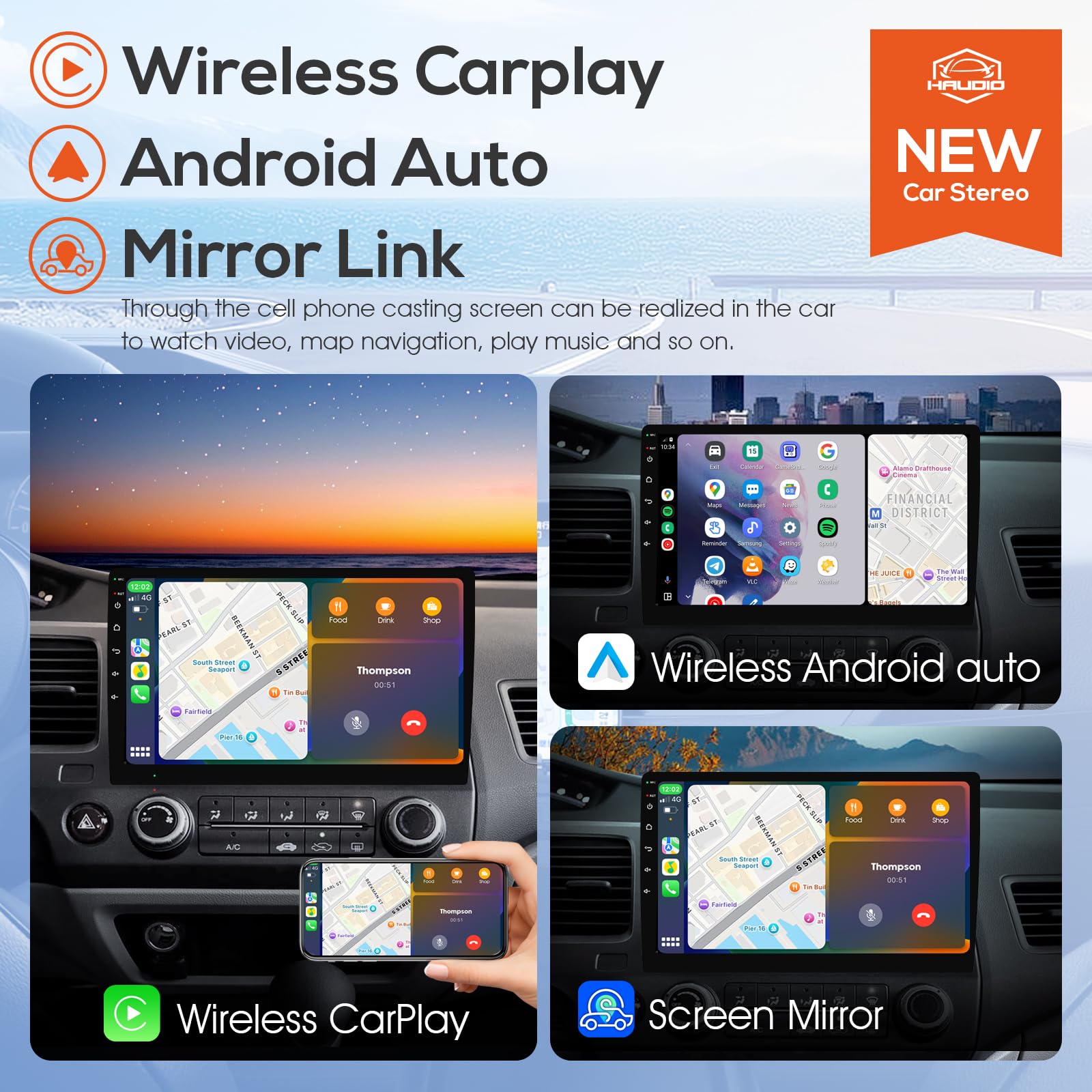 Haudio 2 Din Radio Samochodowe z CarPlay i Android Auto, 10.1Calowy Ekran z Mirror Link,GPS,Sterowanie Głosowe,SWC/FM/AM/RDS,25 Zestawów UI Pasującego do Wszystkich Samochodów,Bez Kamery Cofania 2+64G